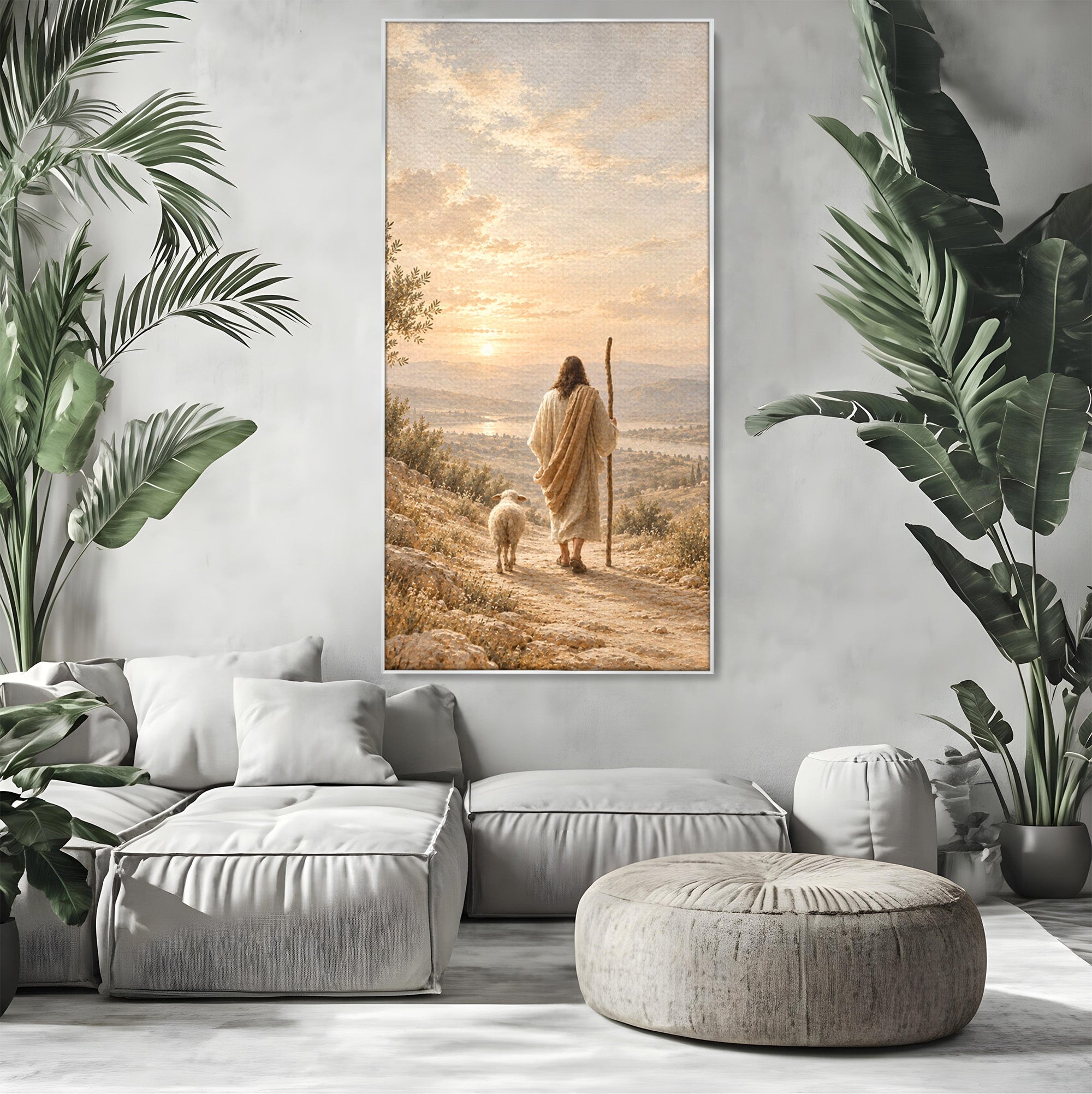 Tablou Canvas Premium LuxCanva® PI1438, Isus si Mielul, Invatator, Peisaj, Natura, Apus, Mesia, Credinta, Liniste, Culori Vibrante, Living, Dormitor