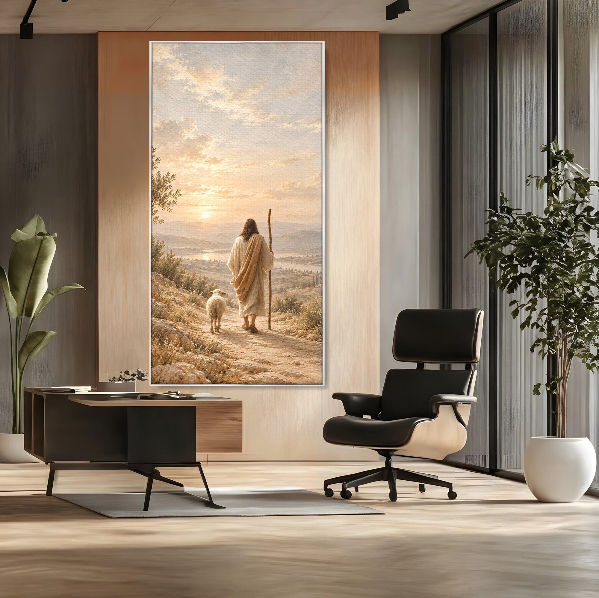 Tablou Canvas Premium LuxCanva® PI1438, Isus si Mielul, Invatator, Peisaj, Natura, Apus, Mesia, Credinta, Liniste, Culori Vibrante, Living, Dormitor