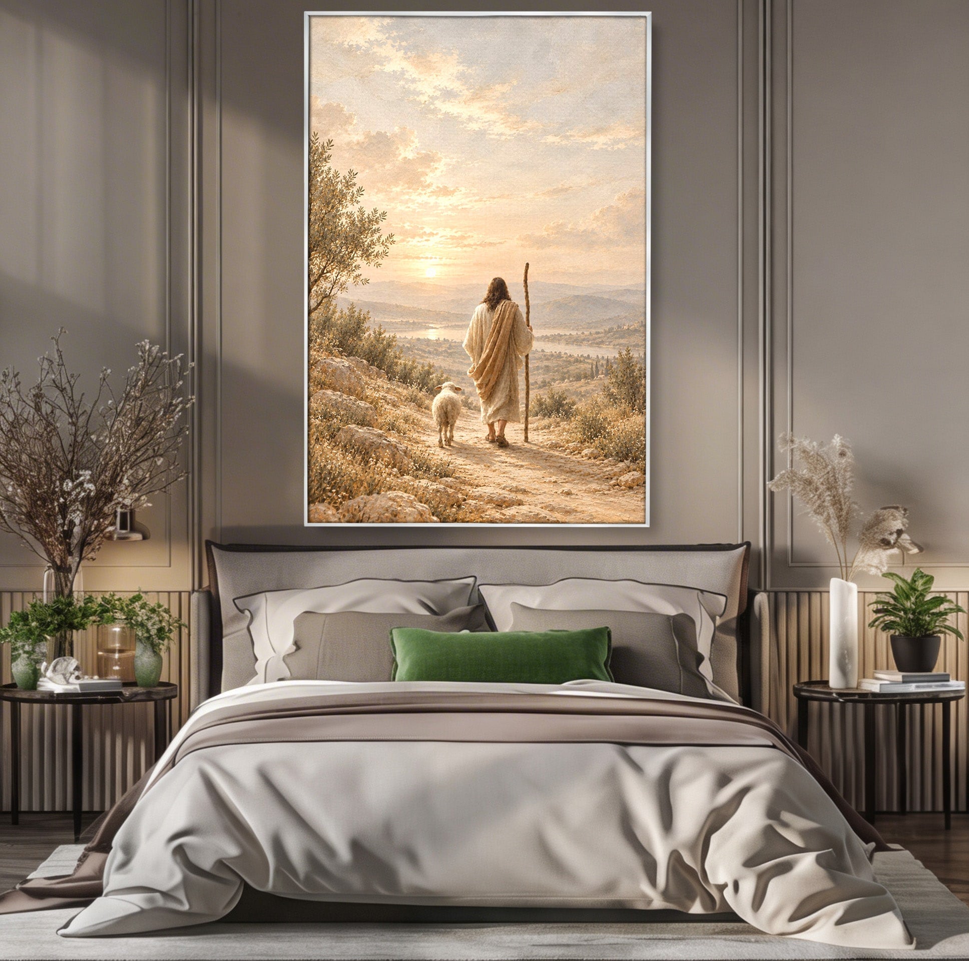 Tablou Canvas Premium LuxCanva® PI1438, Isus si Mielul, Invatator, Peisaj, Natura, Apus, Mesia, Credinta, Liniste, Culori Vibrante, Living, Dormitor