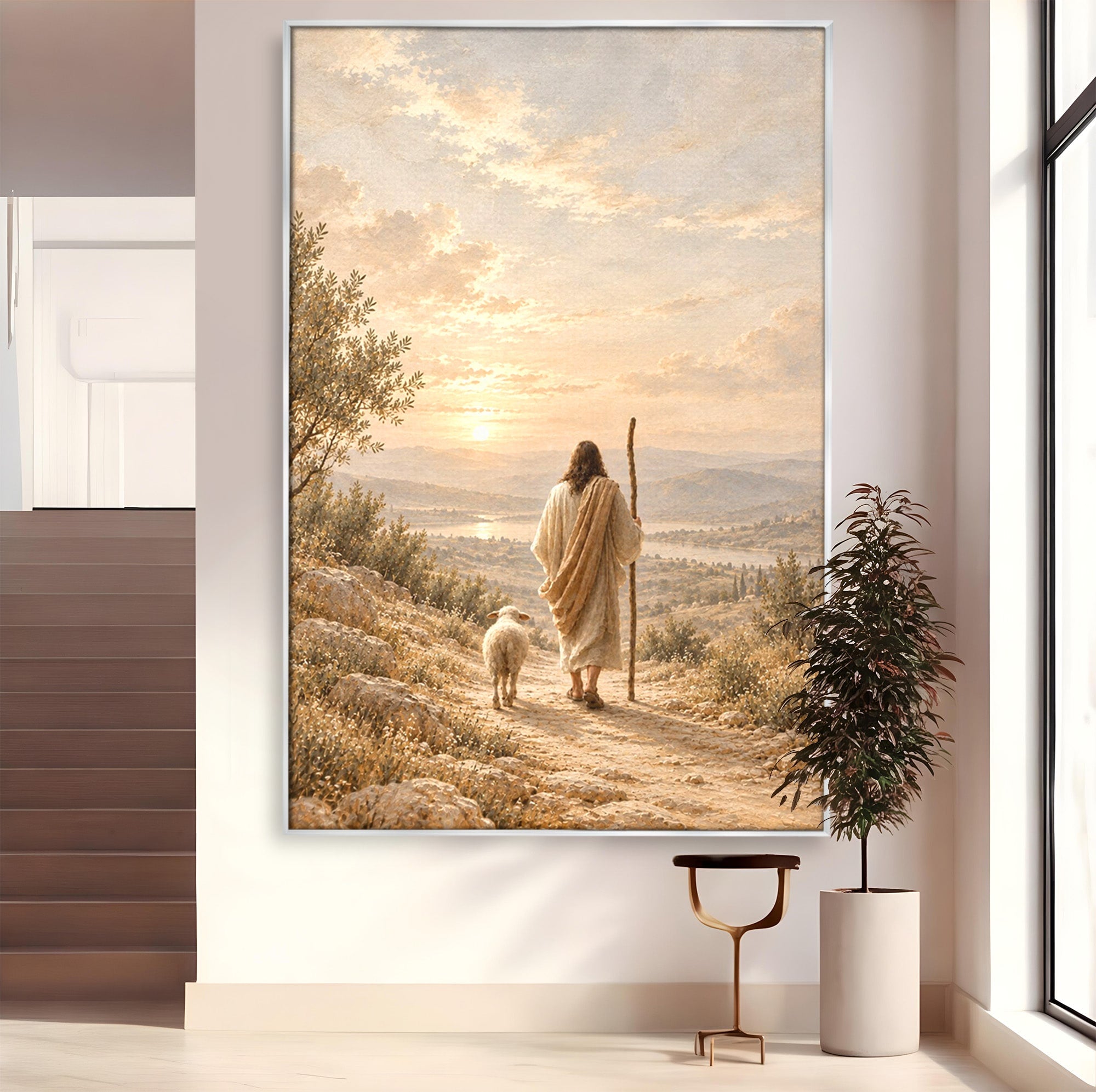 Tablou Canvas Premium LuxCanva® PI1438, Isus si Mielul, Invatator, Peisaj, Natura, Apus, Mesia, Credinta, Liniste, Culori Vibrante, Living, Dormitor