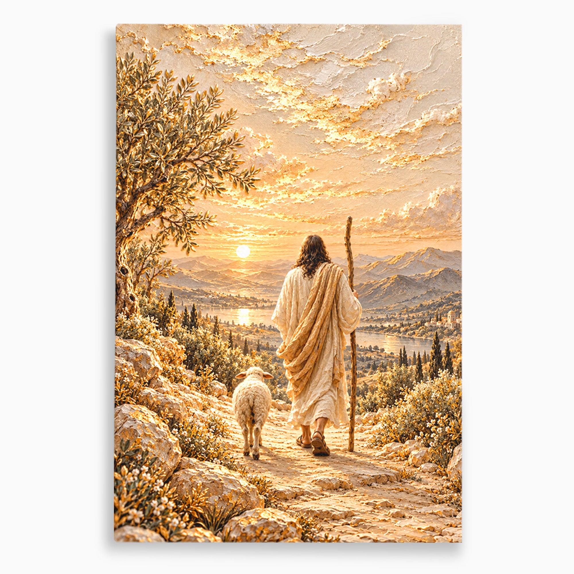 Tablou Canvas Premium LuxCanva® PI1440, Pelerinaj Linistit, Hristos, Pastor, Peisaj, Apus, Credinta, Culori Vibrante, Living, Dormitor