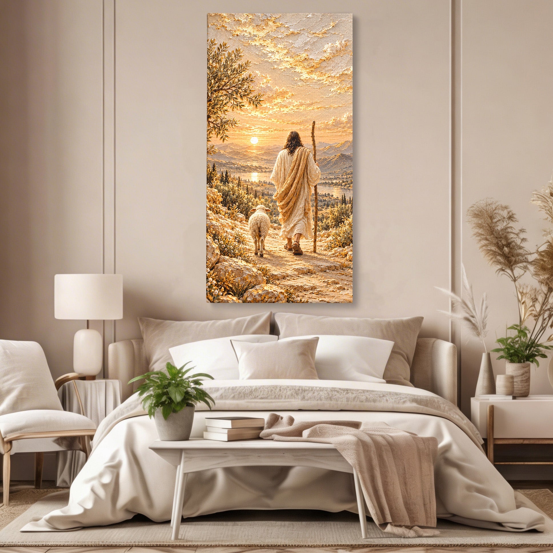 Tablou Canvas Premium LuxCanva® PI1440, Pelerinaj Linistit, Hristos, Pastor, Peisaj, Apus, Credinta, Culori Vibrante, Living, Dormitor