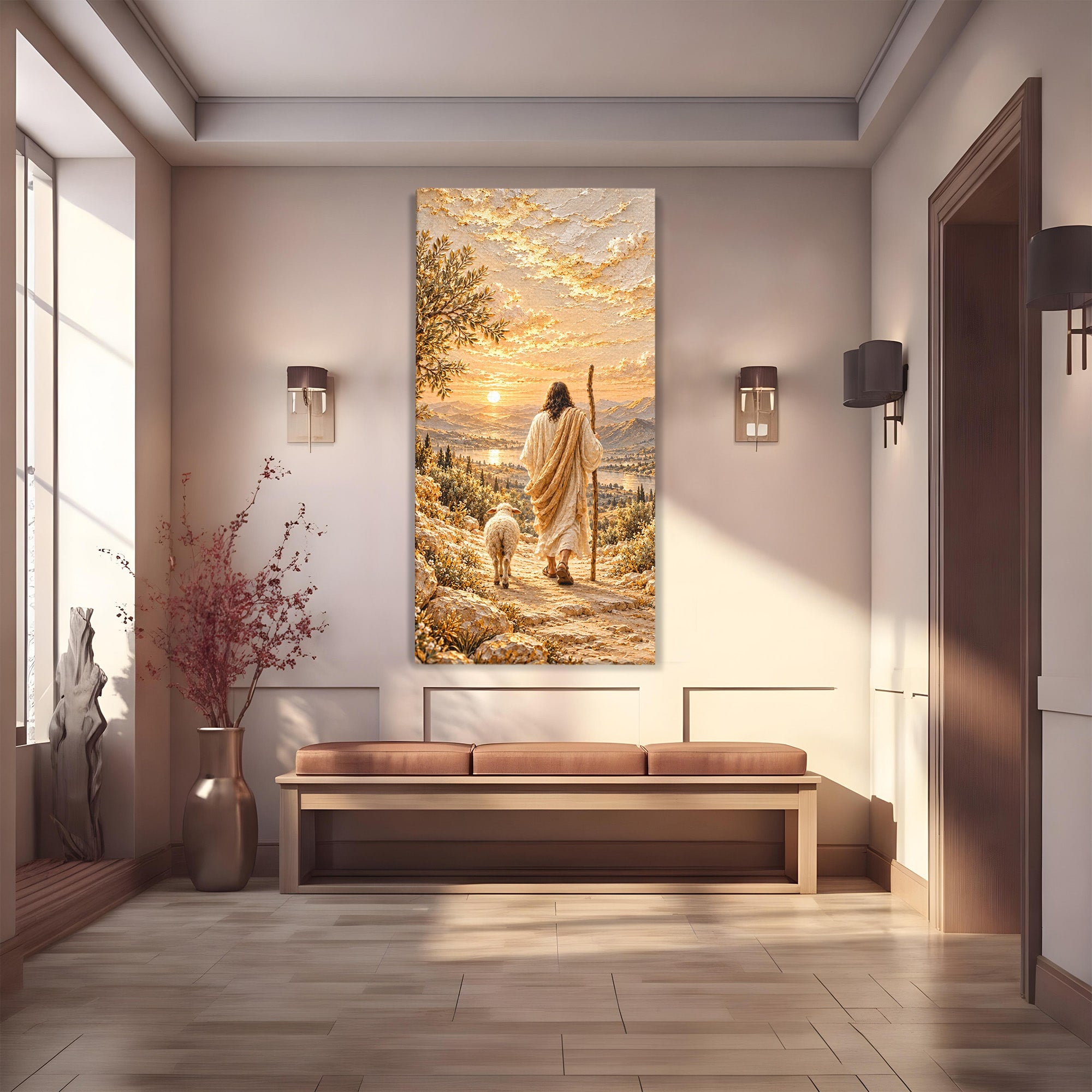 Tablou Canvas Premium LuxCanva® PI1440, Pelerinaj Linistit, Hristos, Pastor, Peisaj, Apus, Credinta, Culori Vibrante, Living, Dormitor
