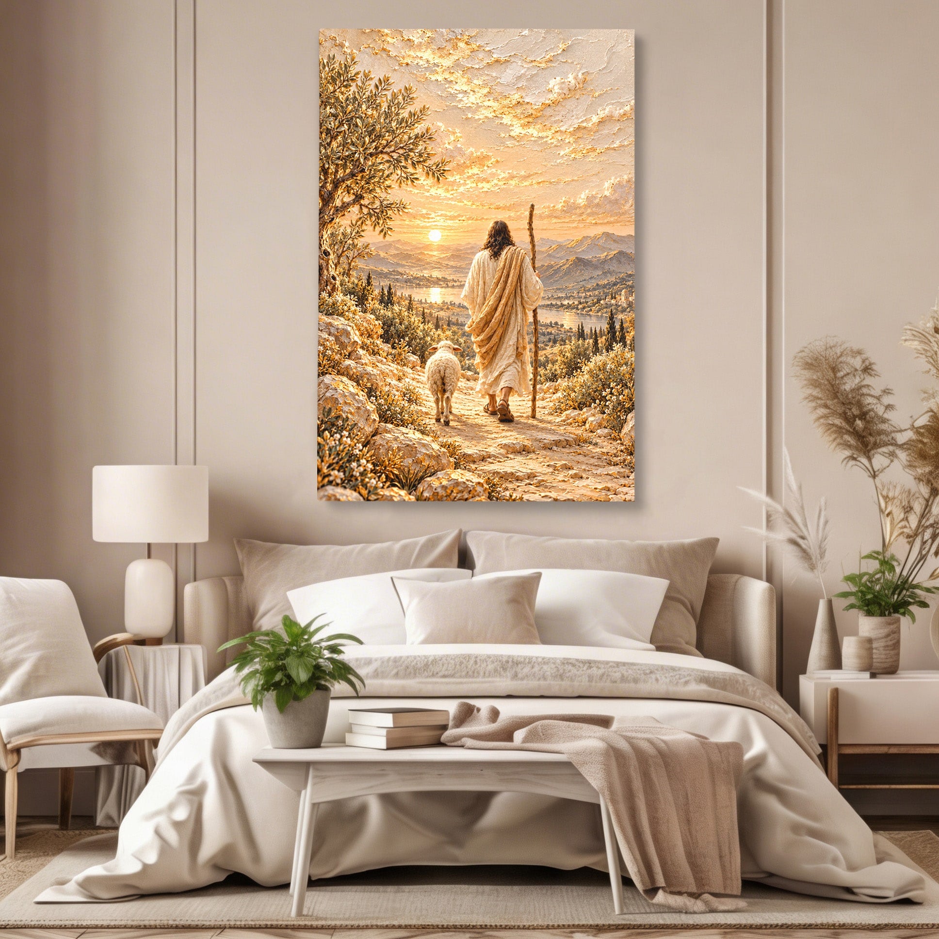 Tablou Canvas Premium LuxCanva® PI1440, Pelerinaj Linistit, Hristos, Pastor, Peisaj, Apus, Credinta, Culori Vibrante, Living, Dormitor