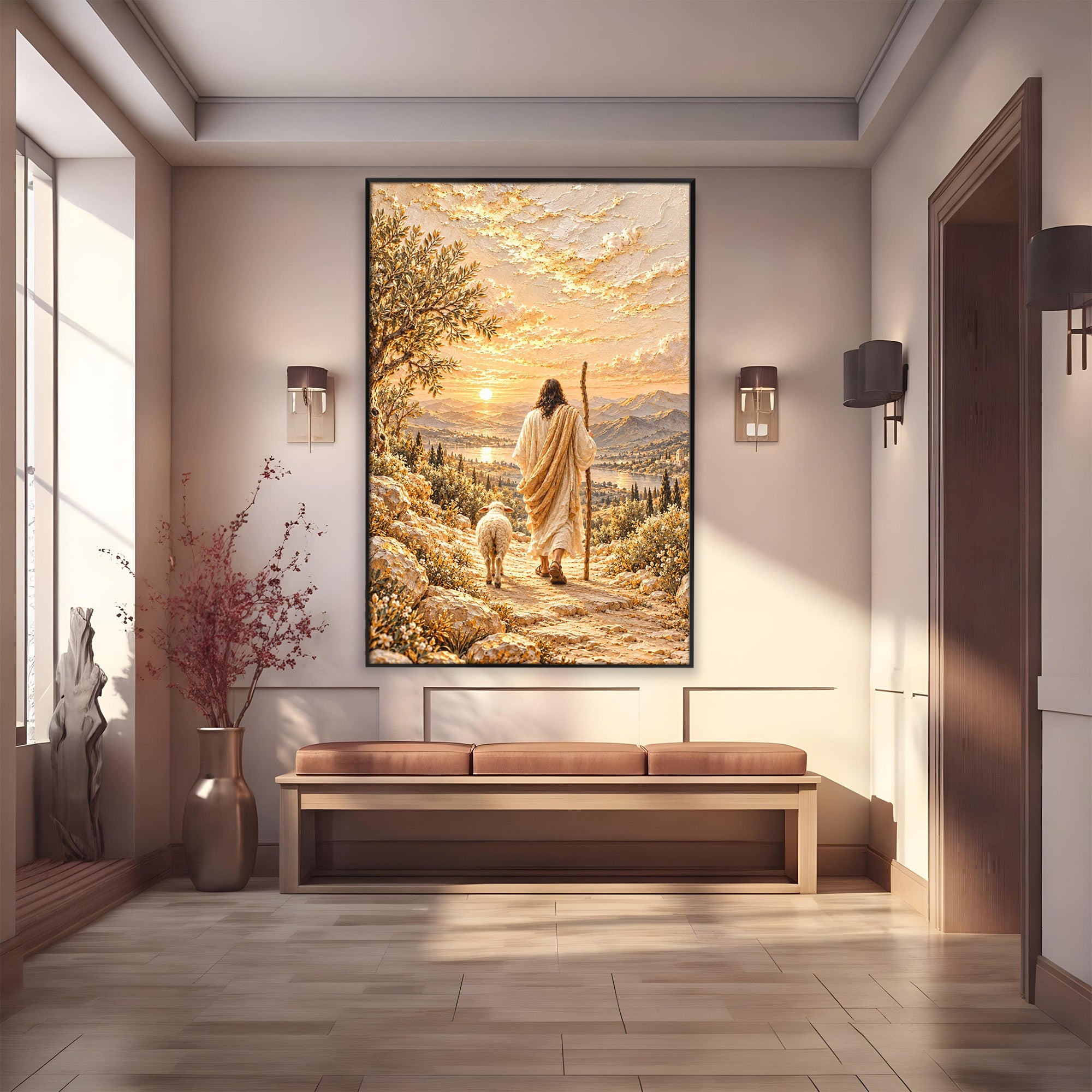 Tablou Canvas Premium LuxCanva® PI1440, Pelerinaj Linistit, Hristos, Pastor, Peisaj, Apus, Credinta, Culori Vibrante, Living, Dormitor