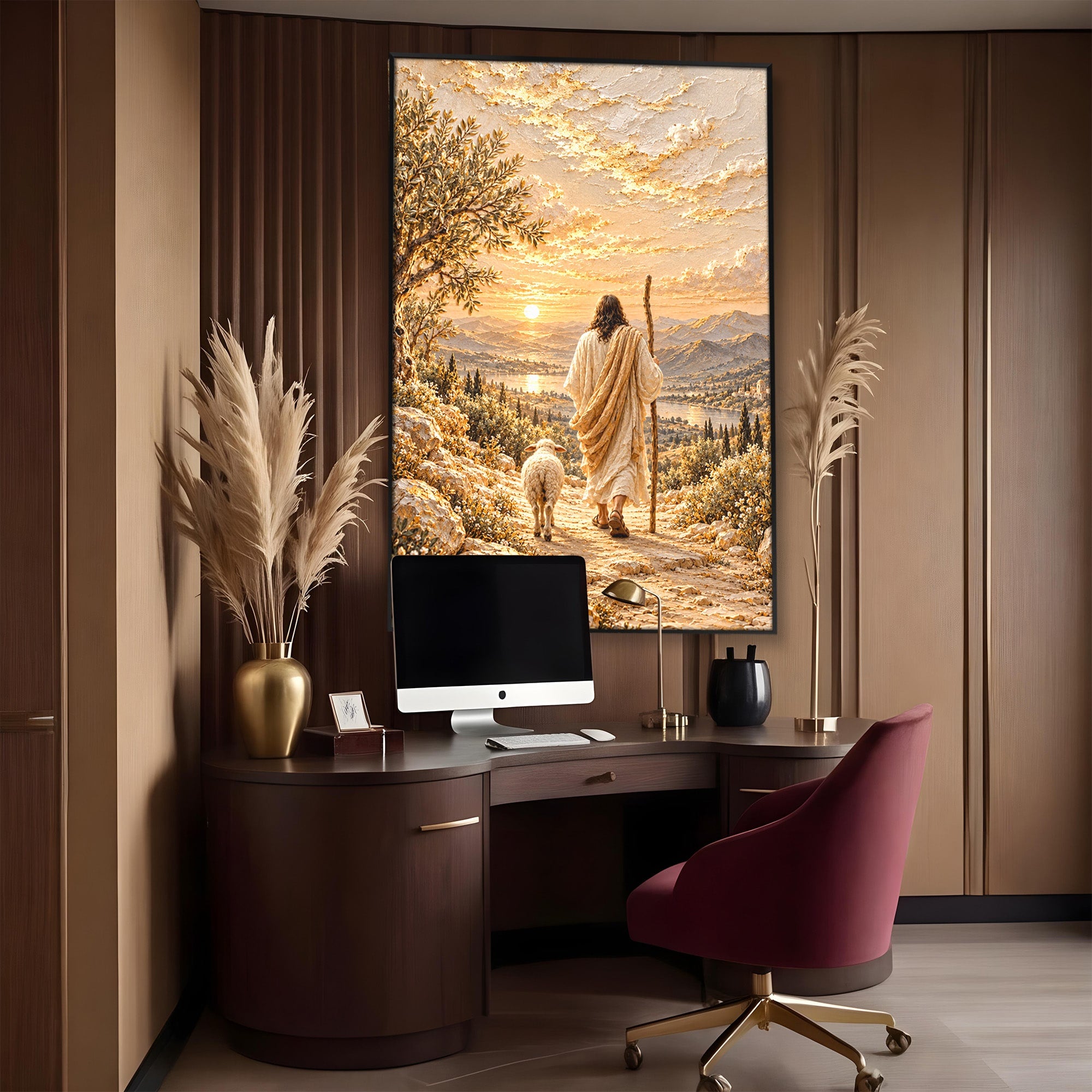 Tablou Canvas Premium LuxCanva® PI1440, Pelerinaj Linistit, Hristos, Pastor, Peisaj, Apus, Credinta, Culori Vibrante, Living, Dormitor