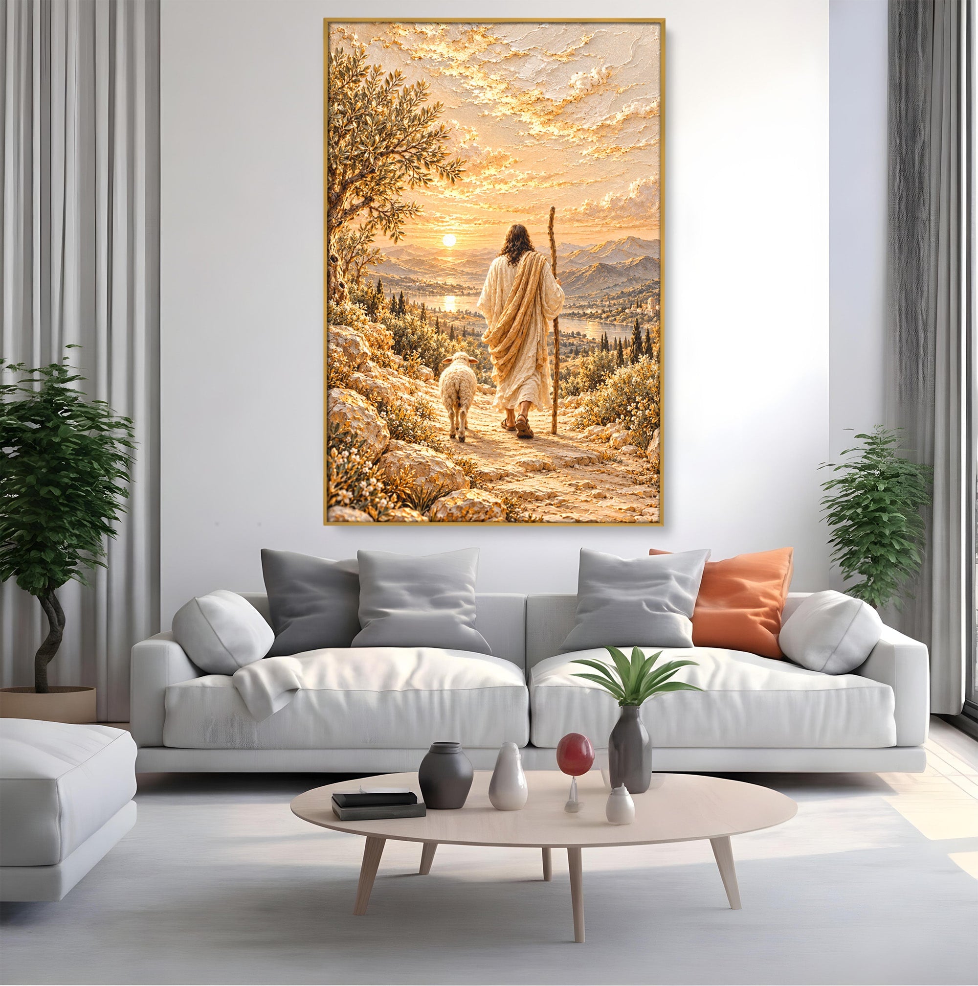 Tablou Canvas Premium LuxCanva® PI1440, Pelerinaj Linistit, Hristos, Pastor, Peisaj, Apus, Credinta, Culori Vibrante, Living, Dormitor