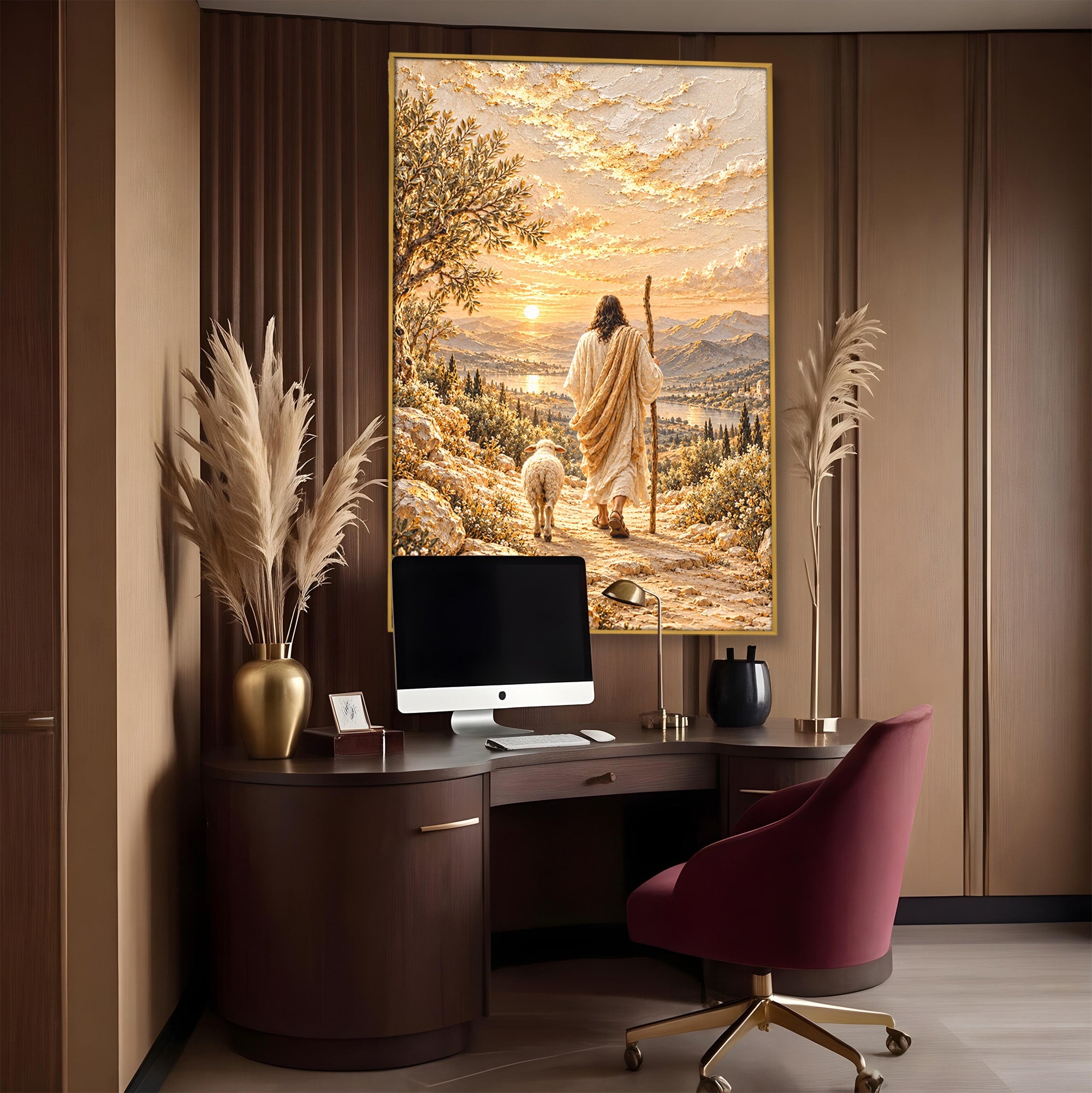Tablou Canvas Premium LuxCanva® PI1440, Pelerinaj Linistit, Hristos, Pastor, Peisaj, Apus, Credinta, Culori Vibrante, Living, Dormitor