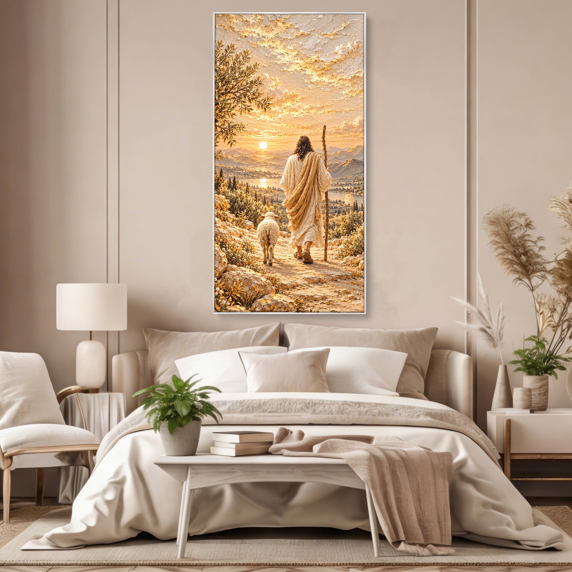 Tablou Canvas Premium LuxCanva® PI1440, Pelerinaj Linistit, Hristos, Pastor, Peisaj, Apus, Credinta, Culori Vibrante, Living, Dormitor