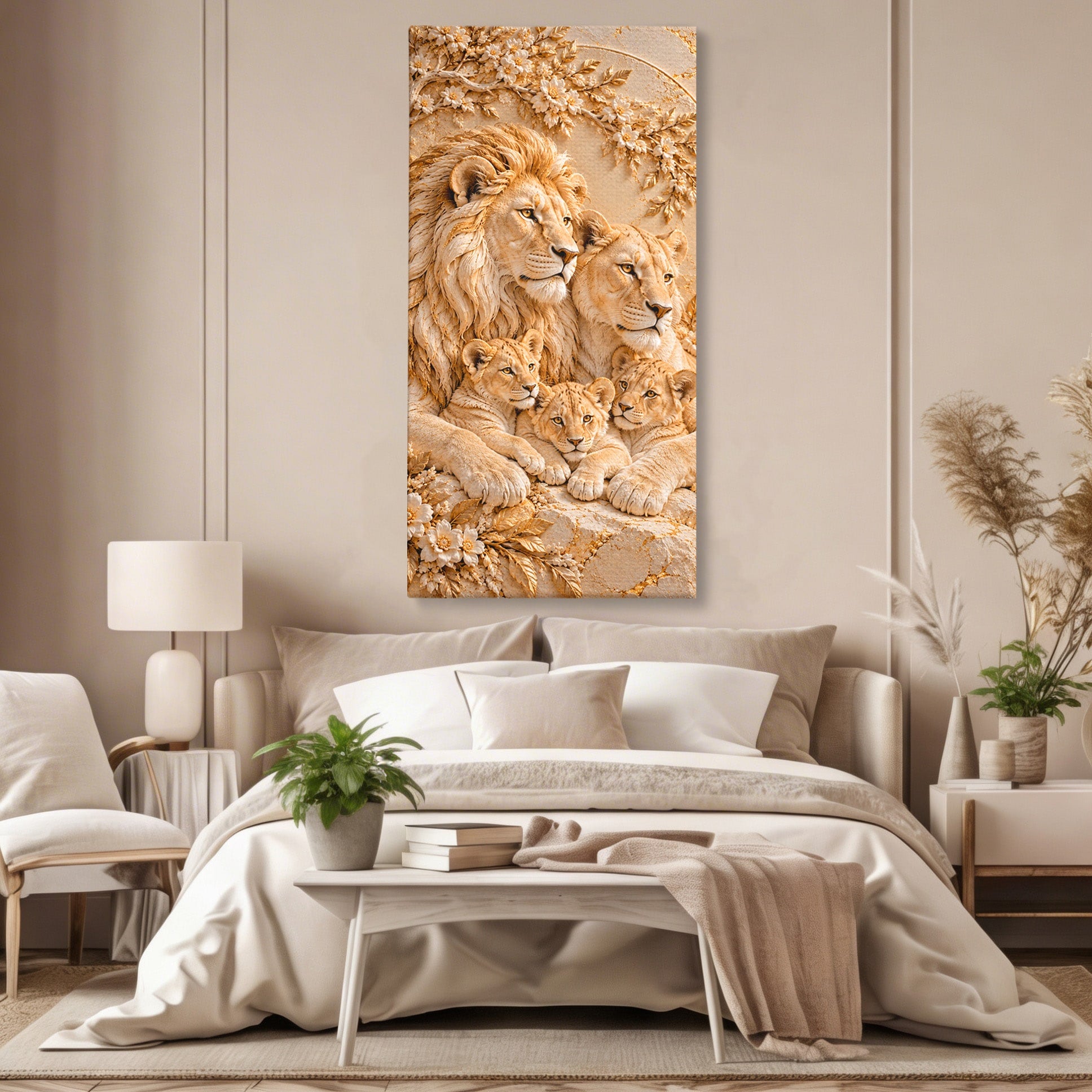 Tablou Canvas Premium LuxCanva® PI1442, Regalitate In Serenitate, Lei, Familie, Pui, Portret, Culori Vibrante, Living, Dormitor