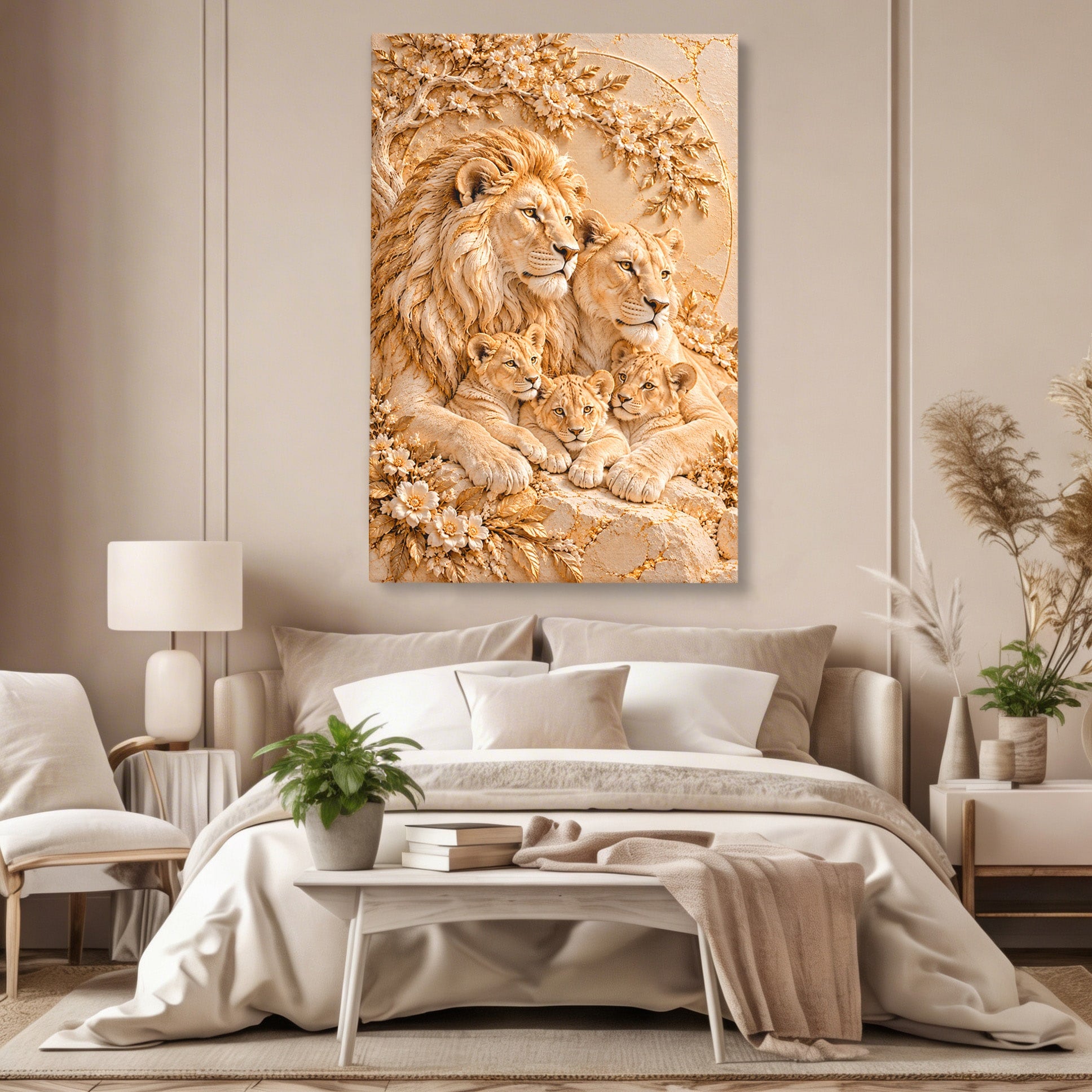 Tablou Canvas Premium LuxCanva® PI1442, Regalitate In Serenitate, Lei, Familie, Pui, Portret, Culori Vibrante, Living, Dormitor