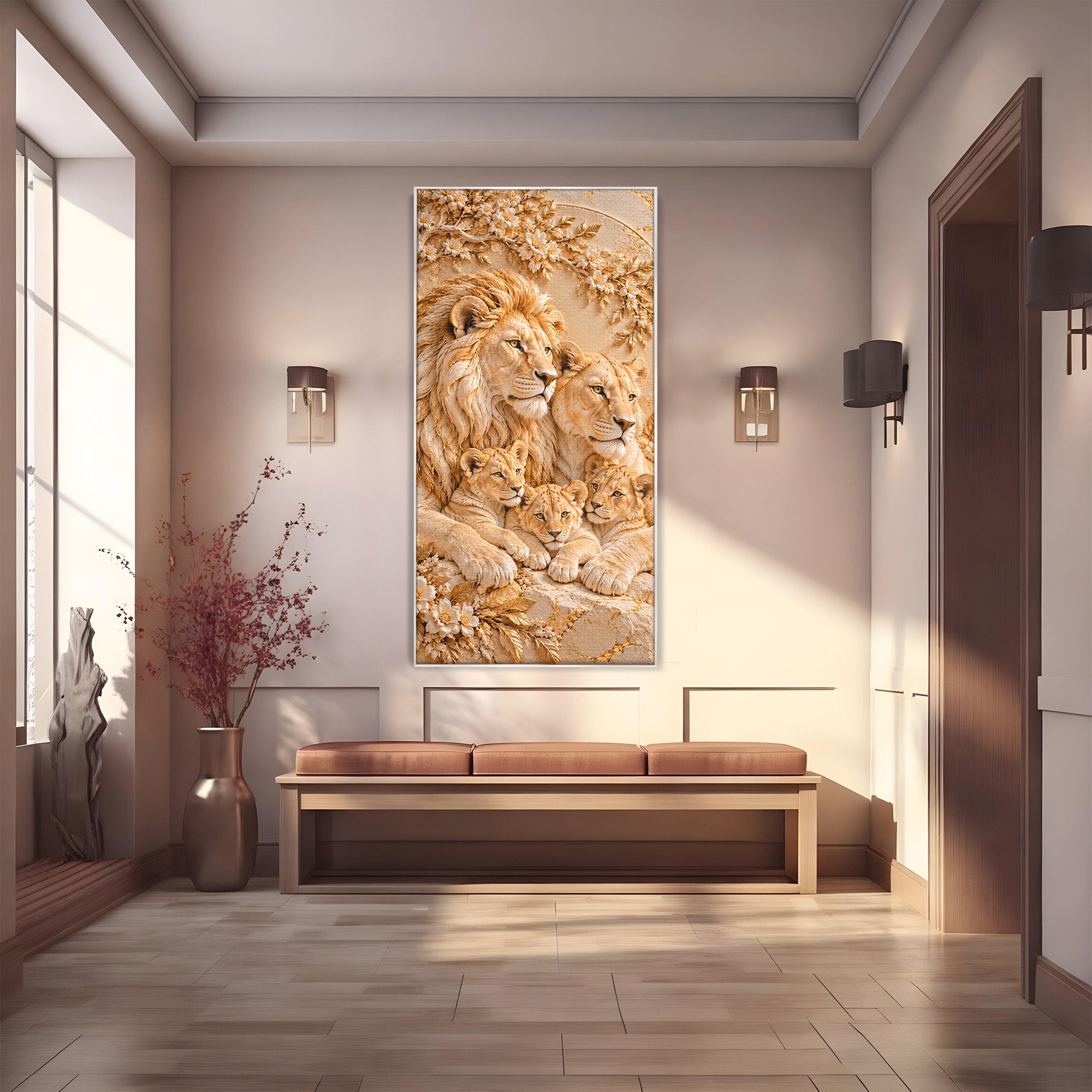 Tablou Canvas Premium LuxCanva® PI1442, Regalitate In Serenitate, Lei, Familie, Pui, Portret, Culori Vibrante, Living, Dormitor