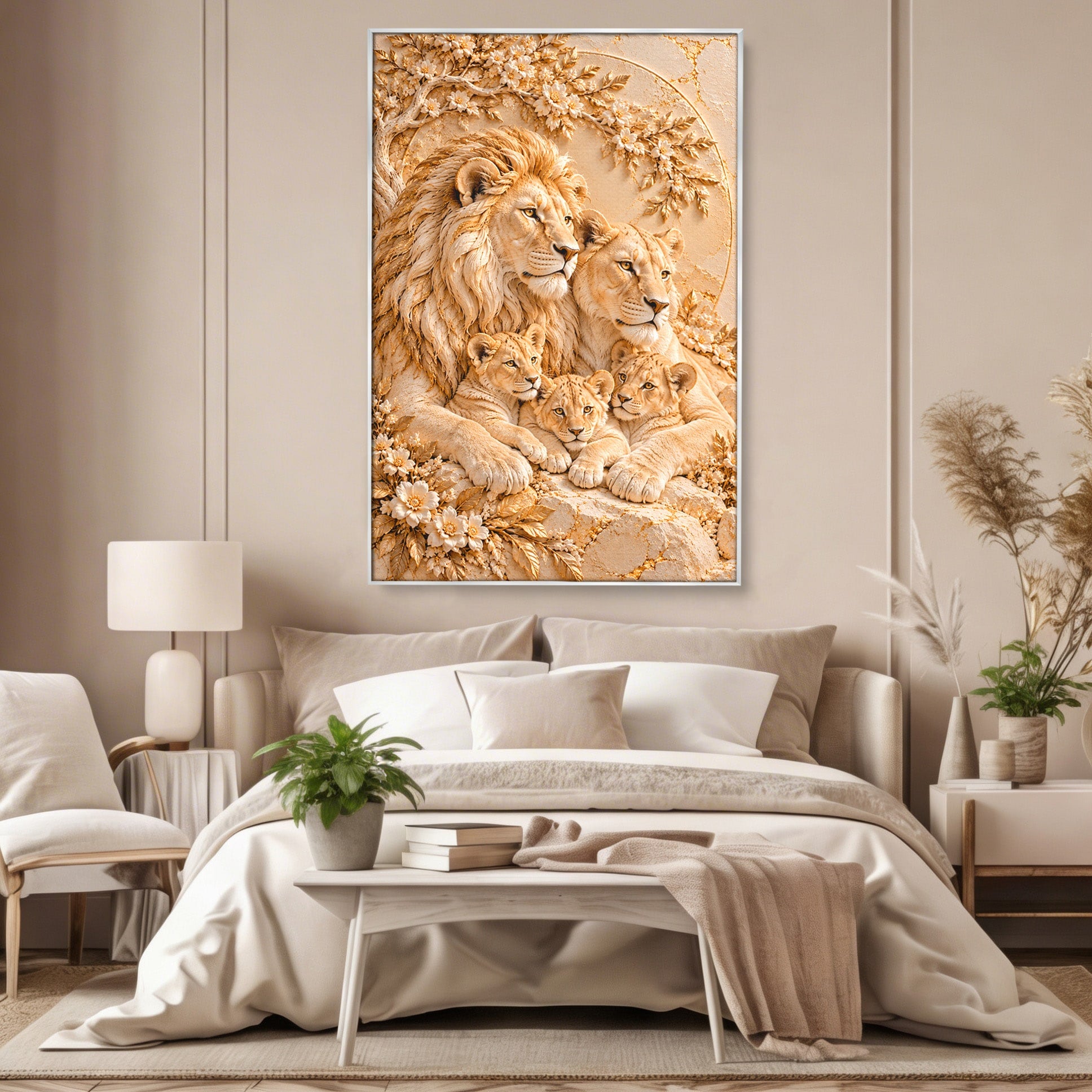 Tablou Canvas Premium LuxCanva® PI1442, Regalitate In Serenitate, Lei, Familie, Pui, Portret, Culori Vibrante, Living, Dormitor