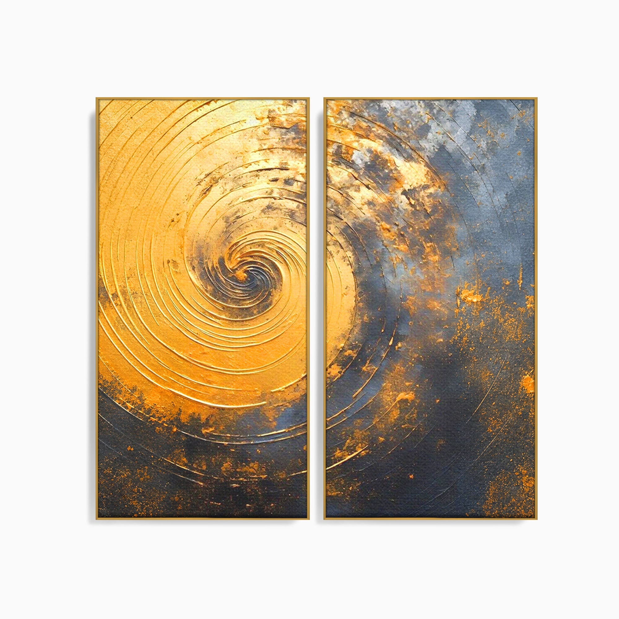 Set 2 Tablouri Canvas Premium LuxCanva® PI2-1177, Vortexul Auriu, Abstract, Spirala, Eclipsa, Negru, Living, Culori Vibrante
