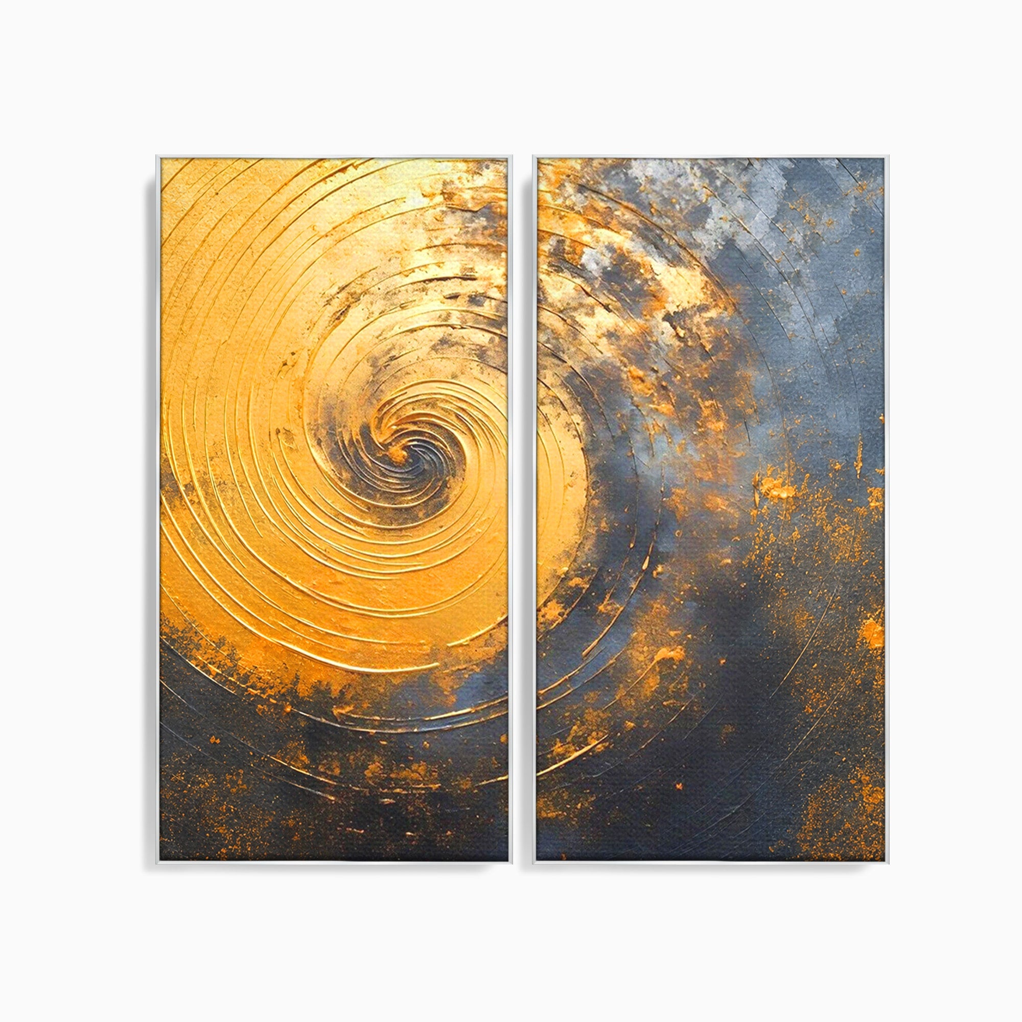 Set 2 Tablouri Canvas Premium LuxCanva® PI2-1177, Vortexul Auriu, Abstract, Spirala, Eclipsa, Negru, Living, Culori Vibrante