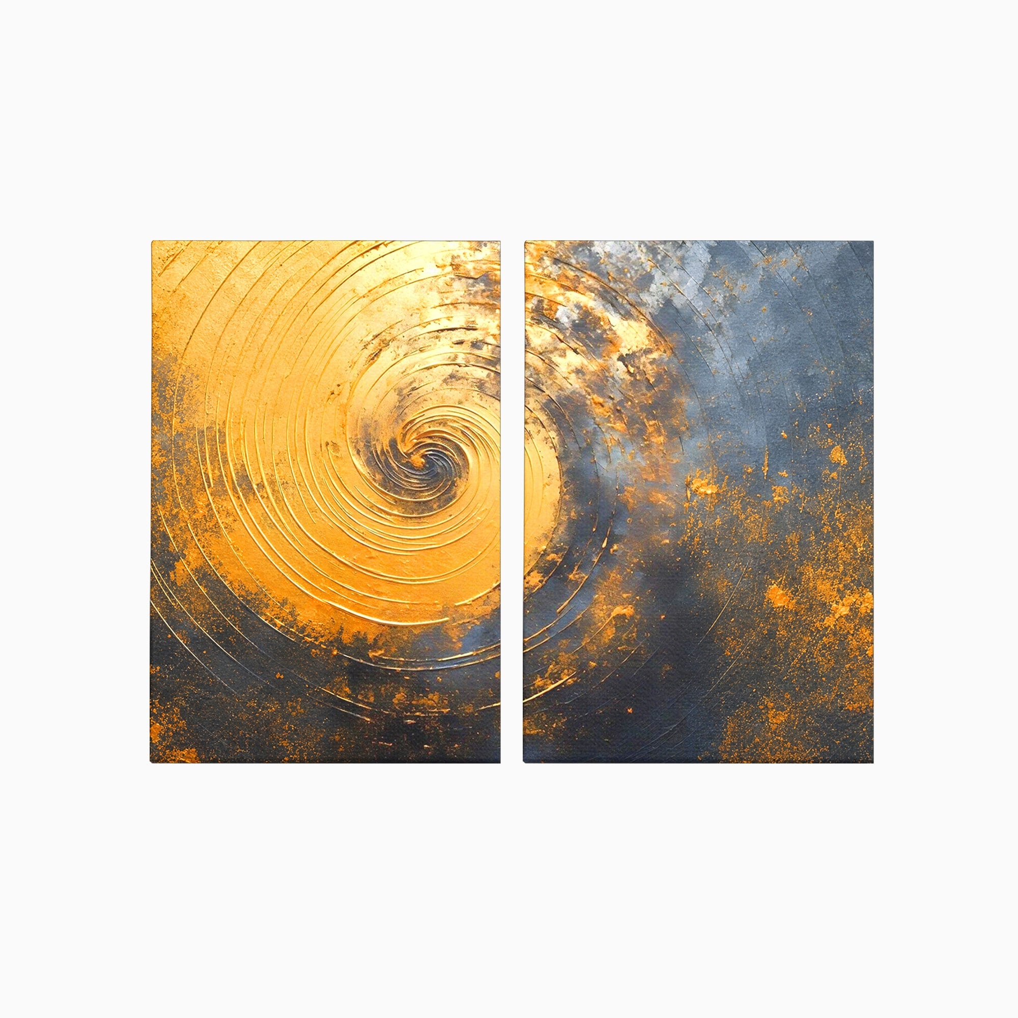 Set 2 Tablouri Canvas Premium LuxCanva® PI2-1177, Vortexul Auriu, Abstract, Spirala, Eclipsa, Negru, Living, Culori Vibrante