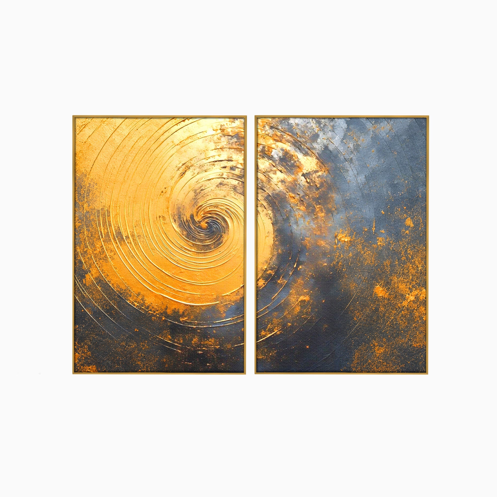 Set 2 Tablouri Canvas Premium LuxCanva® PI2-1177, Vortexul Auriu, Abstract, Spirala, Eclipsa, Negru, Living, Culori Vibrante