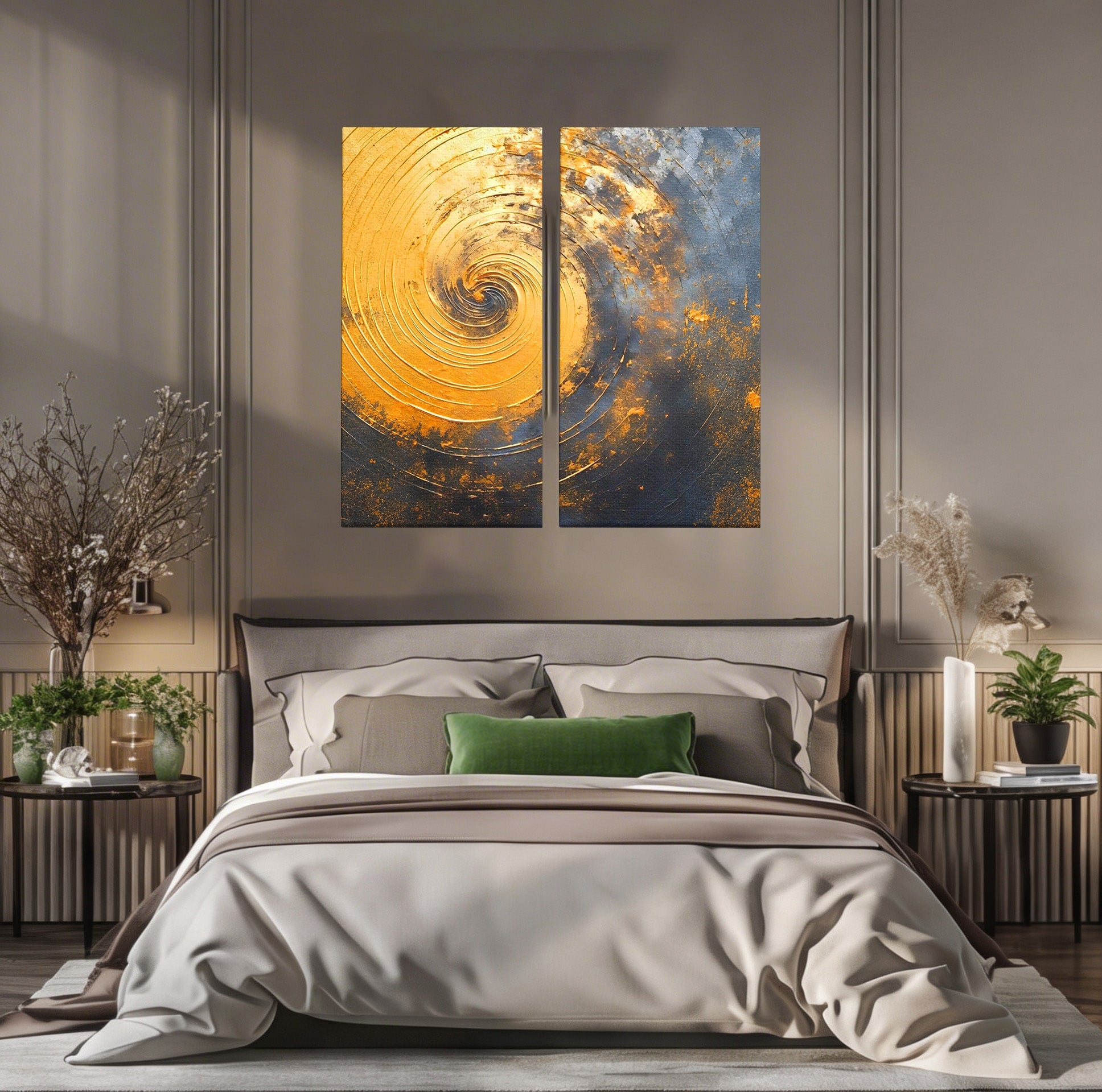 Set 2 Tablouri Canvas Premium LuxCanva® PI2-1177, Vortexul Auriu, Abstract, Spirala, Eclipsa, Negru, Living, Culori Vibrante
