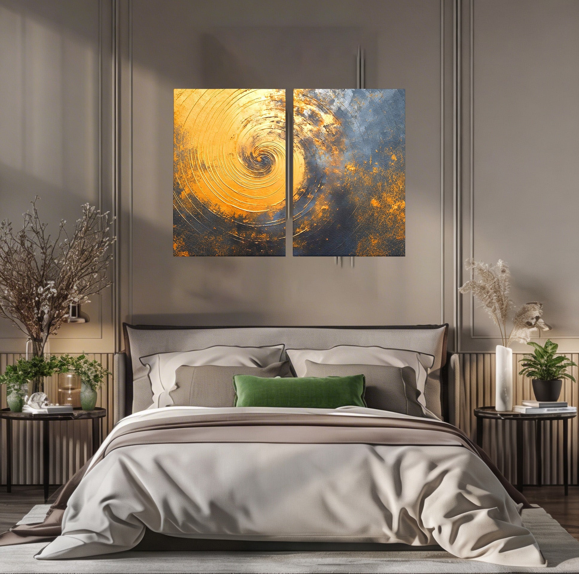 Set 2 Tablouri Canvas Premium LuxCanva® PI2-1177, Vortexul Auriu, Abstract, Spirala, Eclipsa, Negru, Living, Culori Vibrante