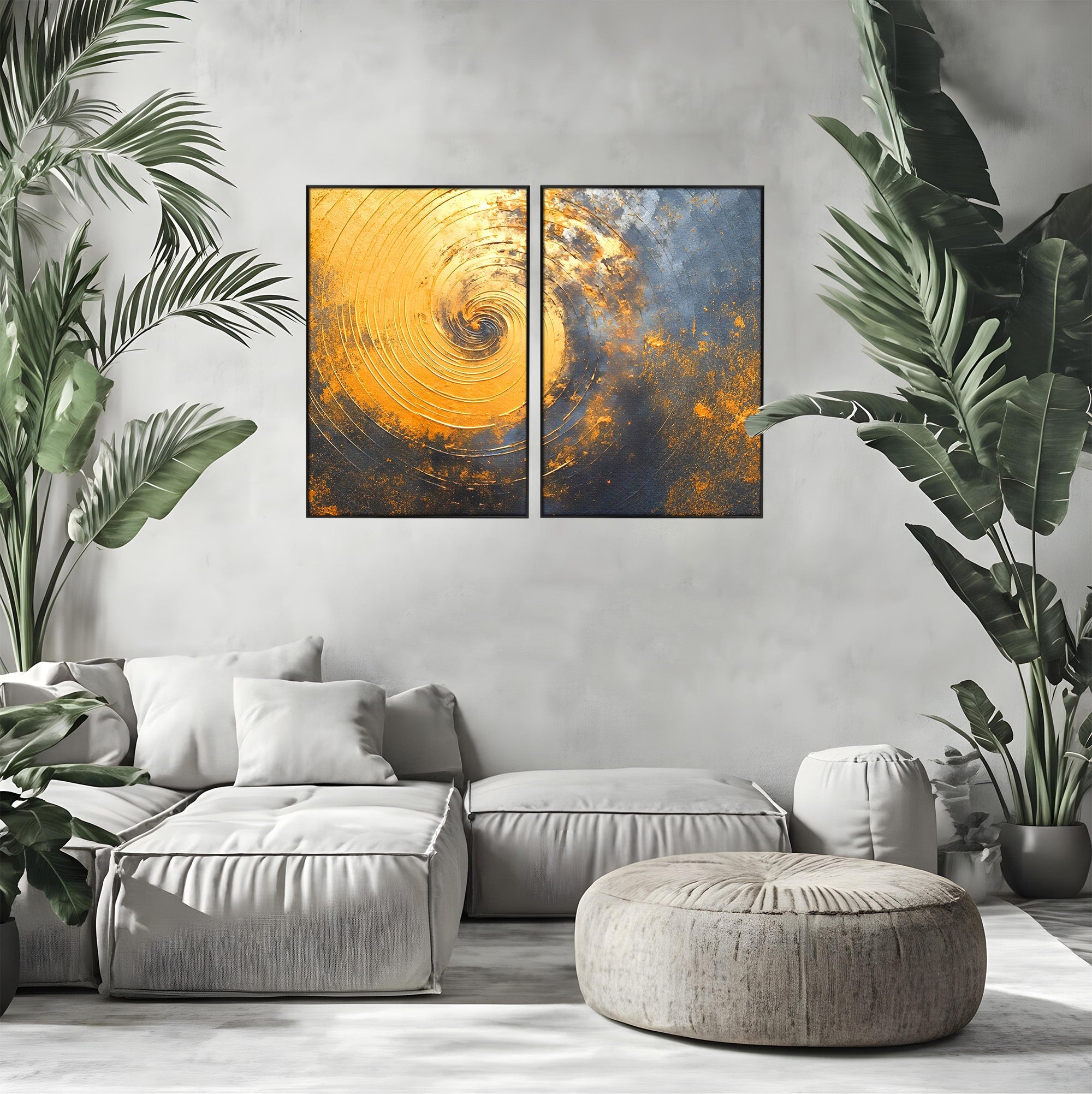 Set 2 Tablouri Canvas Premium LuxCanva® PI2-1177, Vortexul Auriu, Abstract, Spirala, Eclipsa, Negru, Living, Culori Vibrante