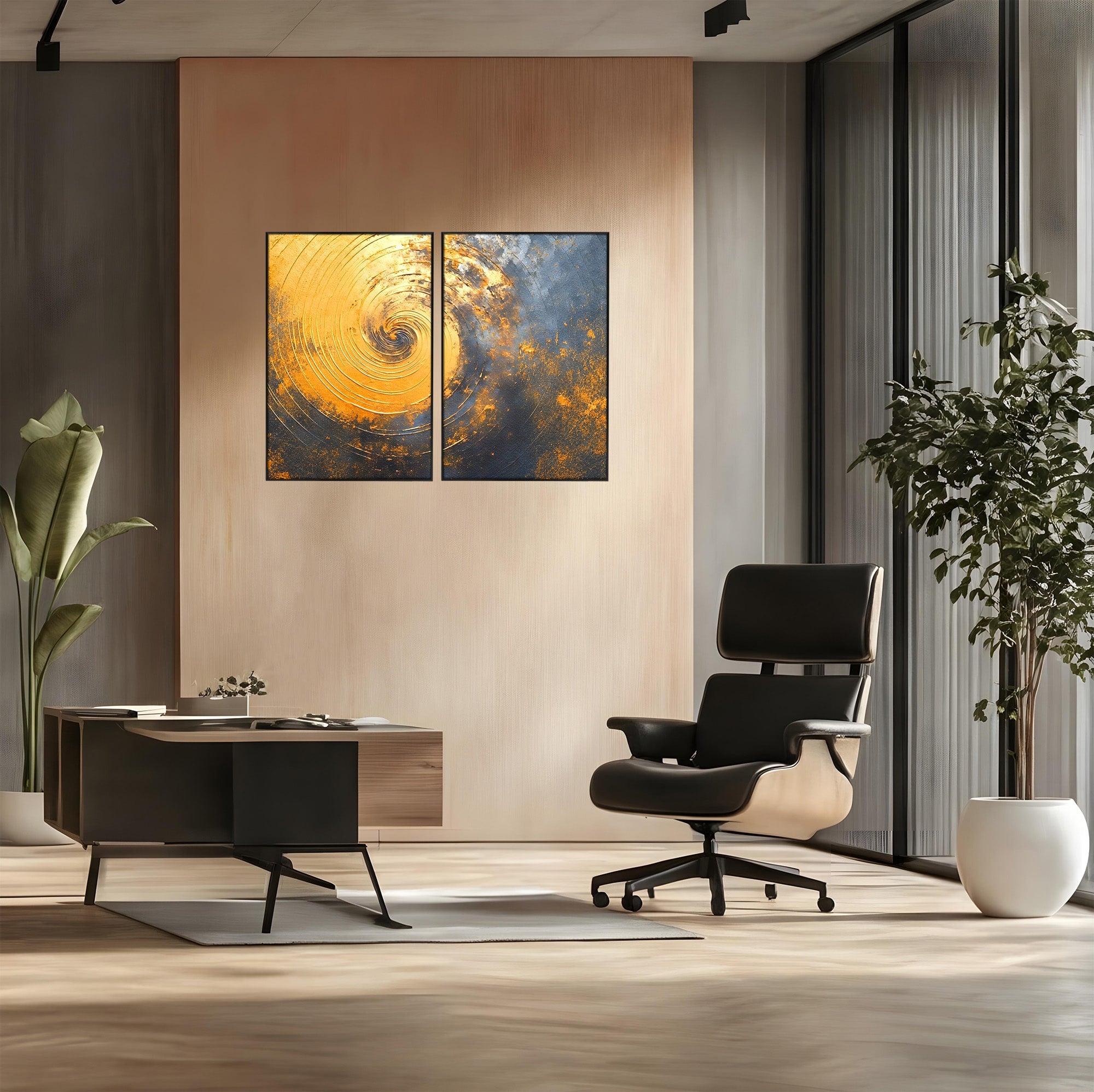 Set 2 Tablouri Canvas Premium LuxCanva® PI2-1177, Vortexul Auriu, Abstract, Spirala, Eclipsa, Negru, Living, Culori Vibrante