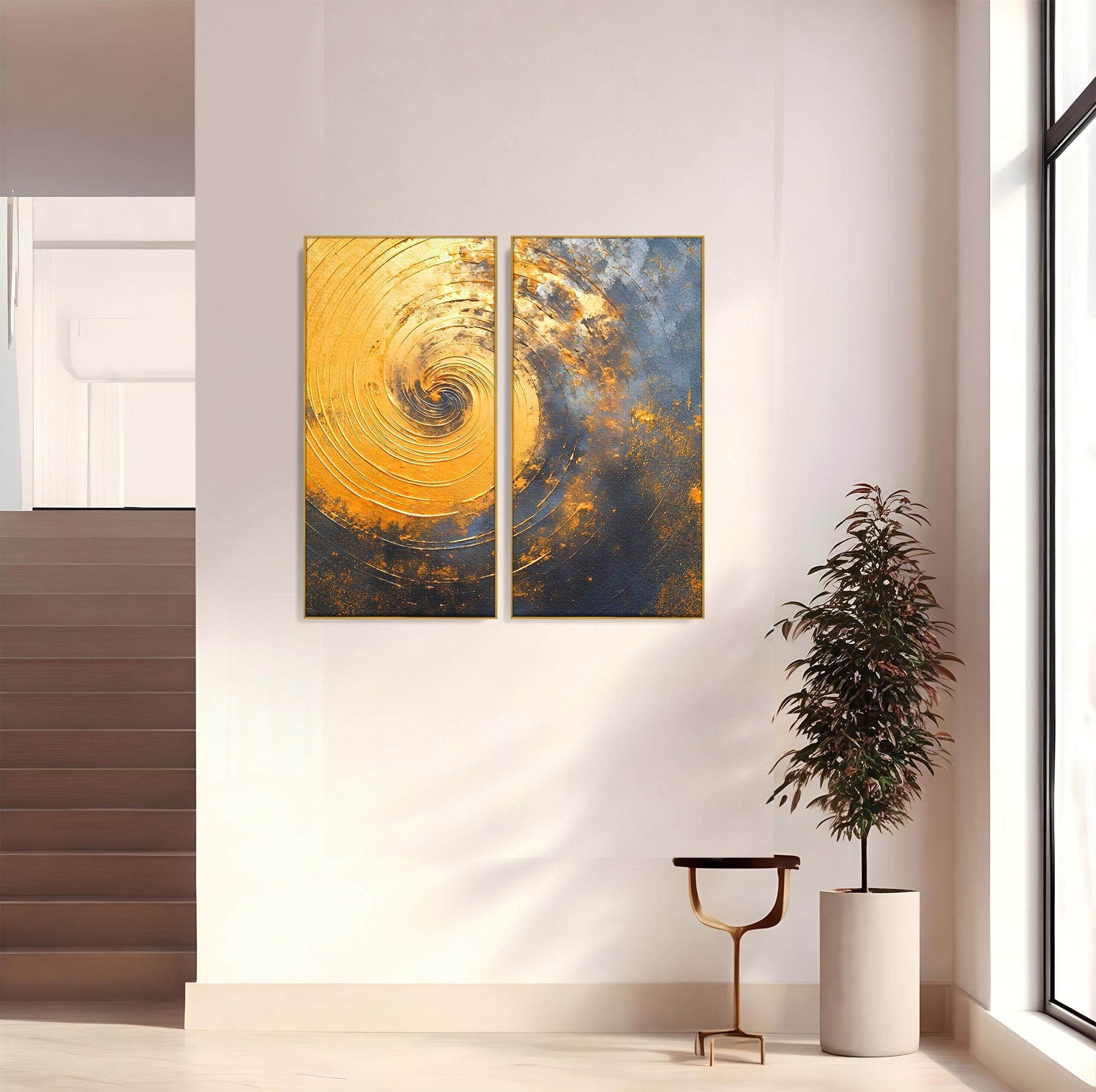 Set 2 Tablouri Canvas Premium LuxCanva® PI2-1177, Vortexul Auriu, Abstract, Spirala, Eclipsa, Negru, Living, Culori Vibrante