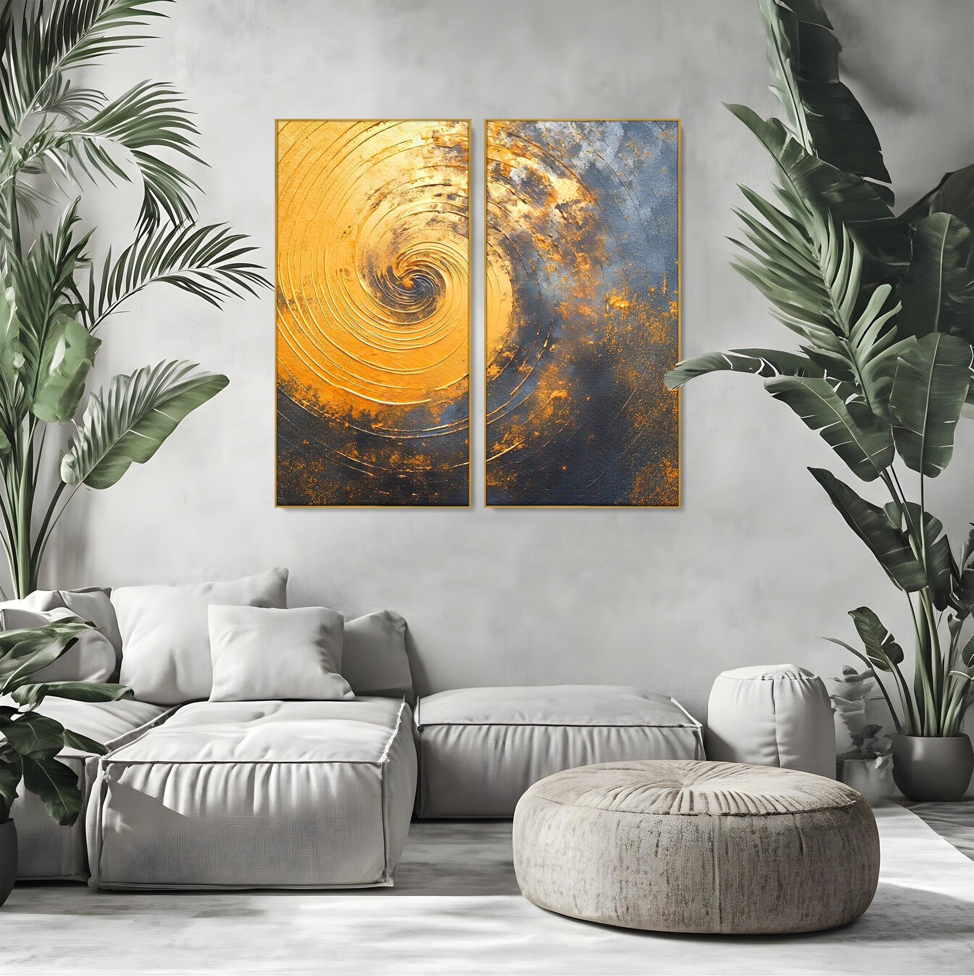Set 2 Tablouri Canvas Premium LuxCanva® PI2-1177, Vortexul Auriu, Abstract, Spirala, Eclipsa, Negru, Living, Culori Vibrante