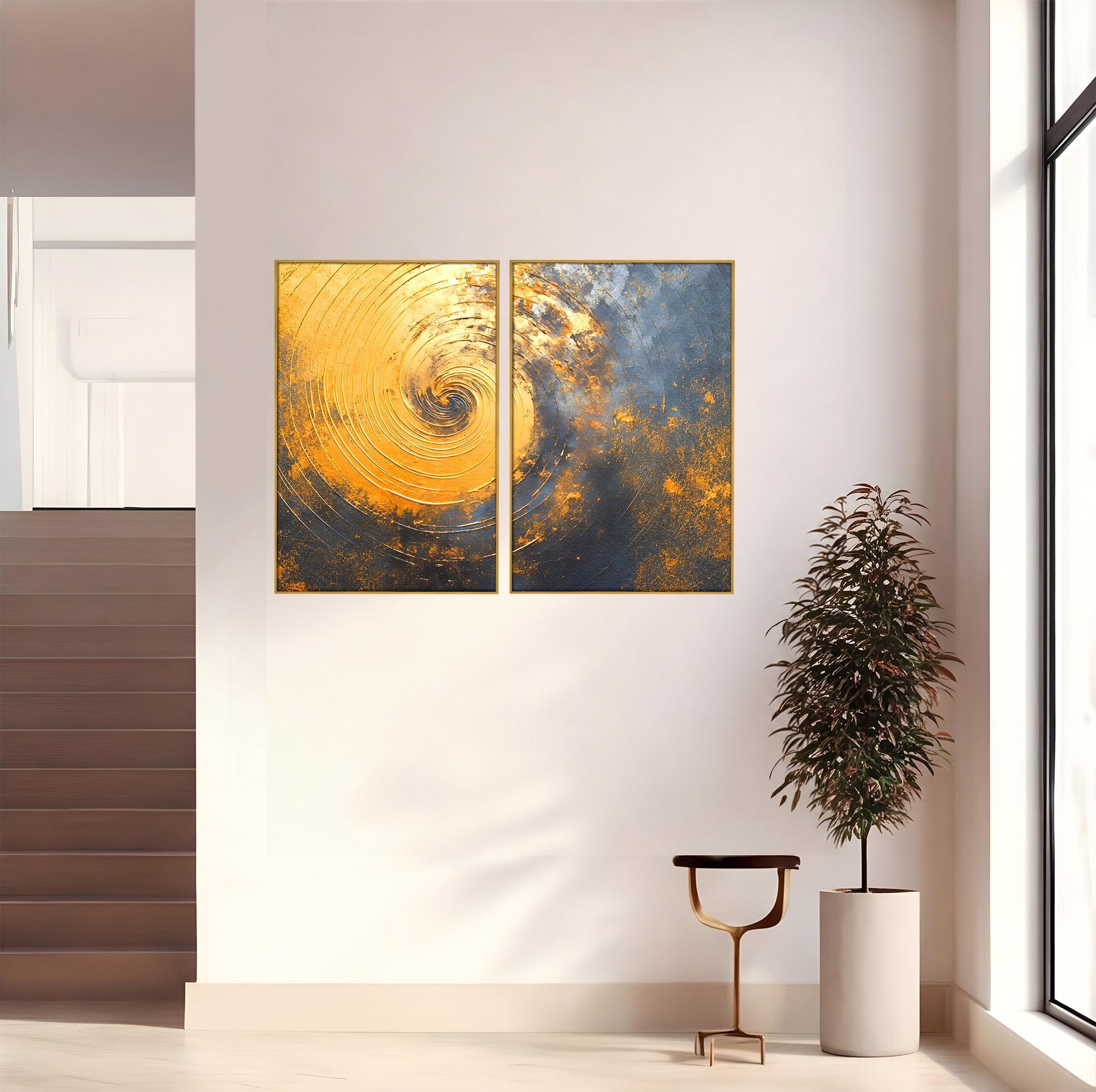 Set 2 Tablouri Canvas Premium LuxCanva® PI2-1177, Vortexul Auriu, Abstract, Spirala, Eclipsa, Negru, Living, Culori Vibrante