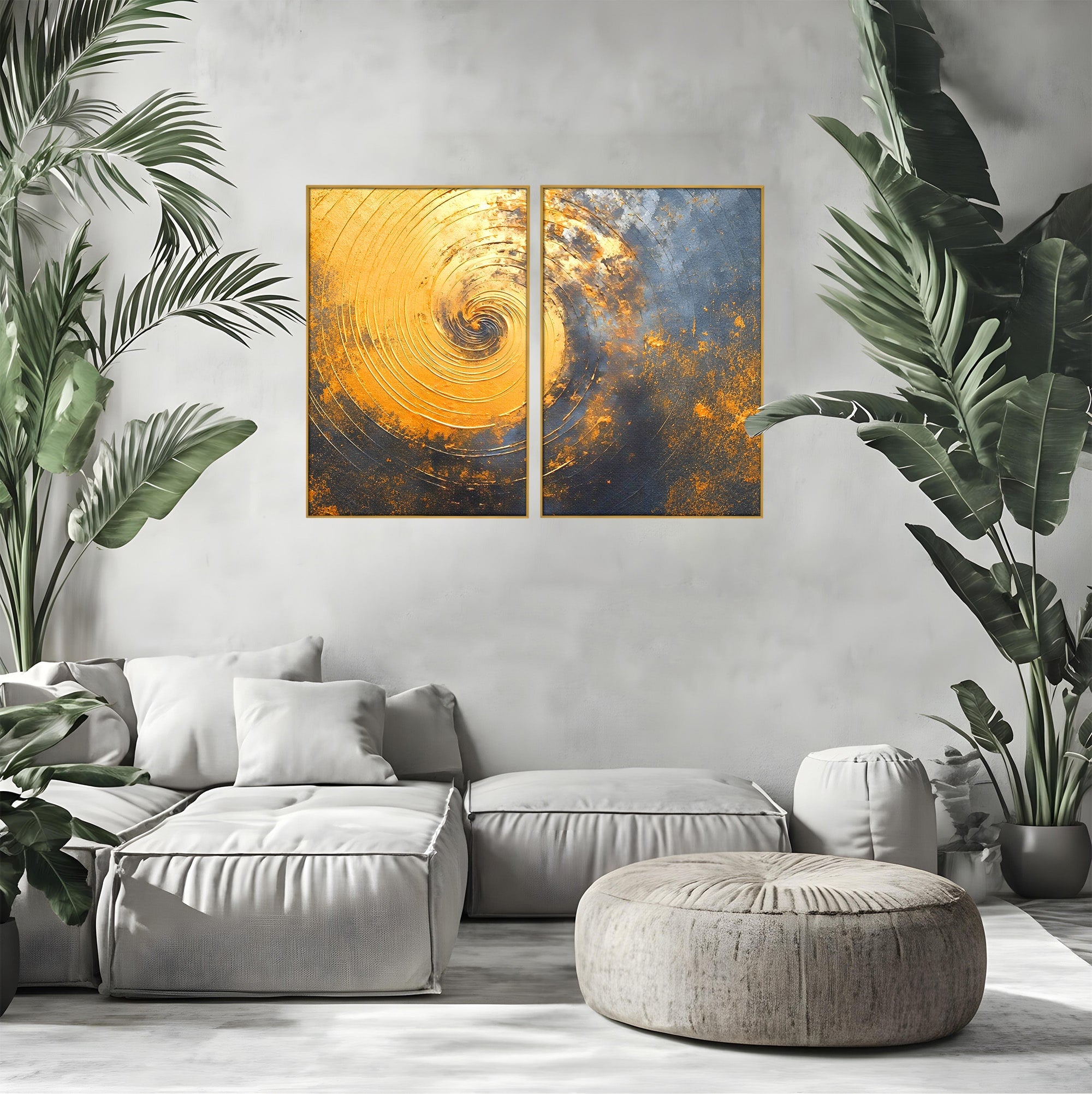 Set 2 Tablouri Canvas Premium LuxCanva® PI2-1177, Vortexul Auriu, Abstract, Spirala, Eclipsa, Negru, Living, Culori Vibrante