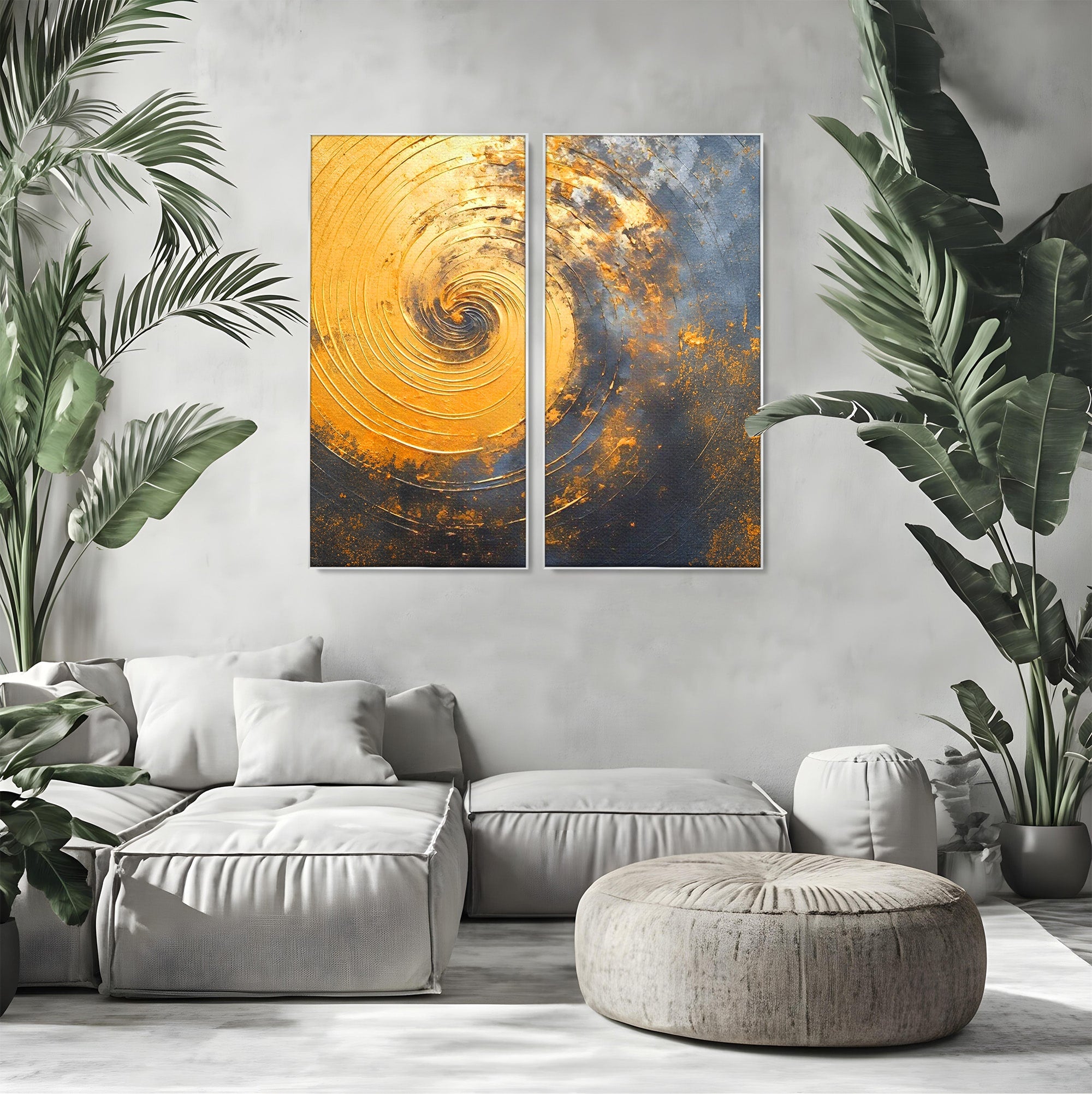 Set 2 Tablouri Canvas Premium LuxCanva® PI2-1177, Vortexul Auriu, Abstract, Spirala, Eclipsa, Negru, Living, Culori Vibrante