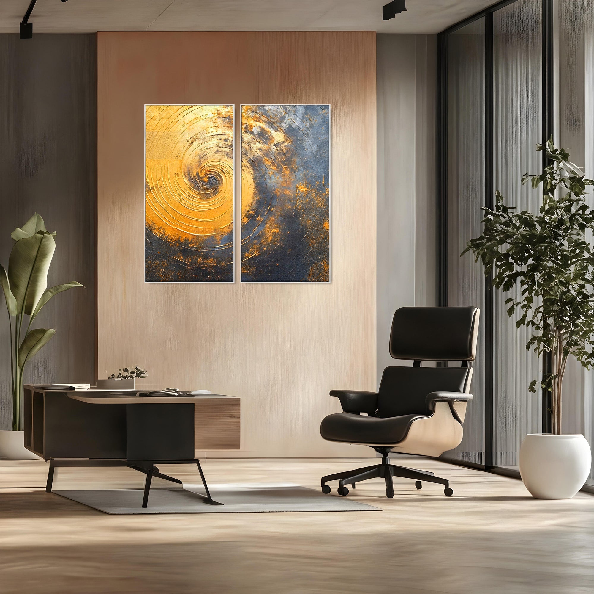 Set 2 Tablouri Canvas Premium LuxCanva® PI2-1177, Vortexul Auriu, Abstract, Spirala, Eclipsa, Negru, Living, Culori Vibrante