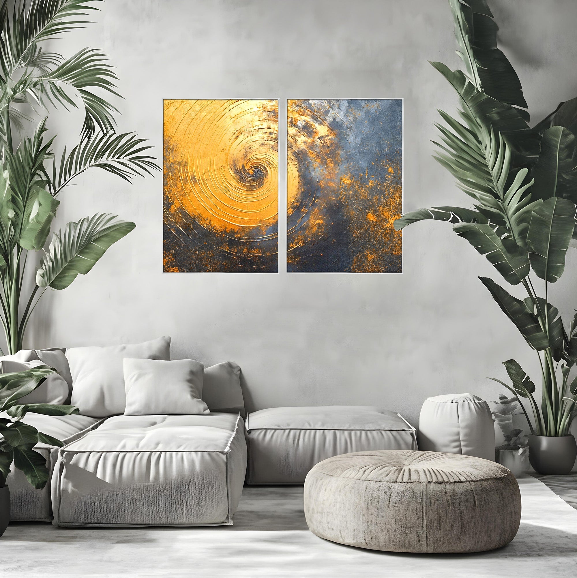 Set 2 Tablouri Canvas Premium LuxCanva® PI2-1177, Vortexul Auriu, Abstract, Spirala, Eclipsa, Negru, Living, Culori Vibrante