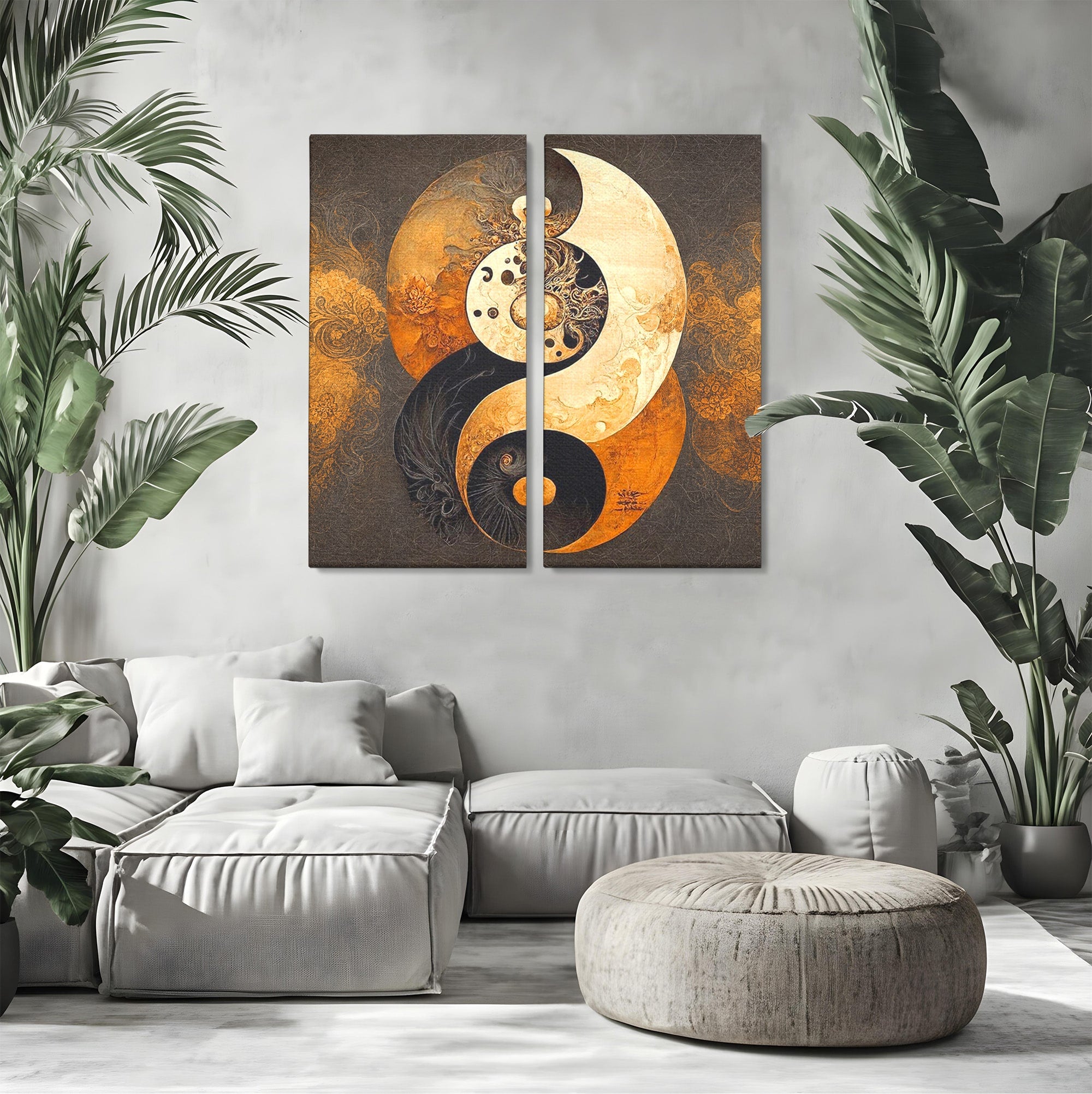 Set 2 Tablouri Canvas Premium LuxCanva® PI2-1181, Yin Si Yang, Abstract, Cercuri, Arta, Echilibru, Meditatie, Living, Birou, Culori Vibrante
