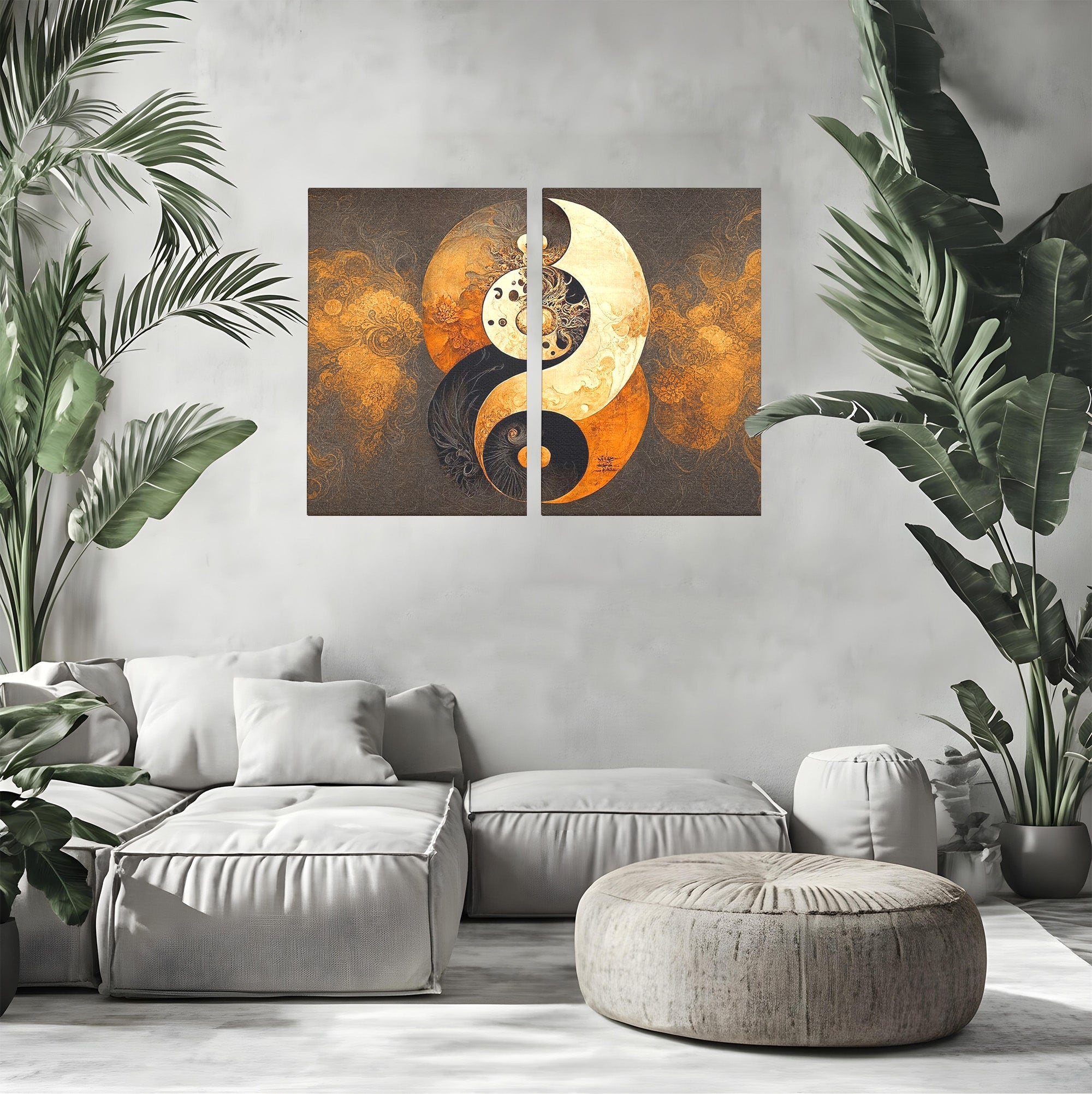 Set 2 Tablouri Canvas Premium LuxCanva® PI2-1181, Yin Si Yang, Abstract, Cercuri, Arta, Echilibru, Meditatie, Living, Birou, Culori Vibrante