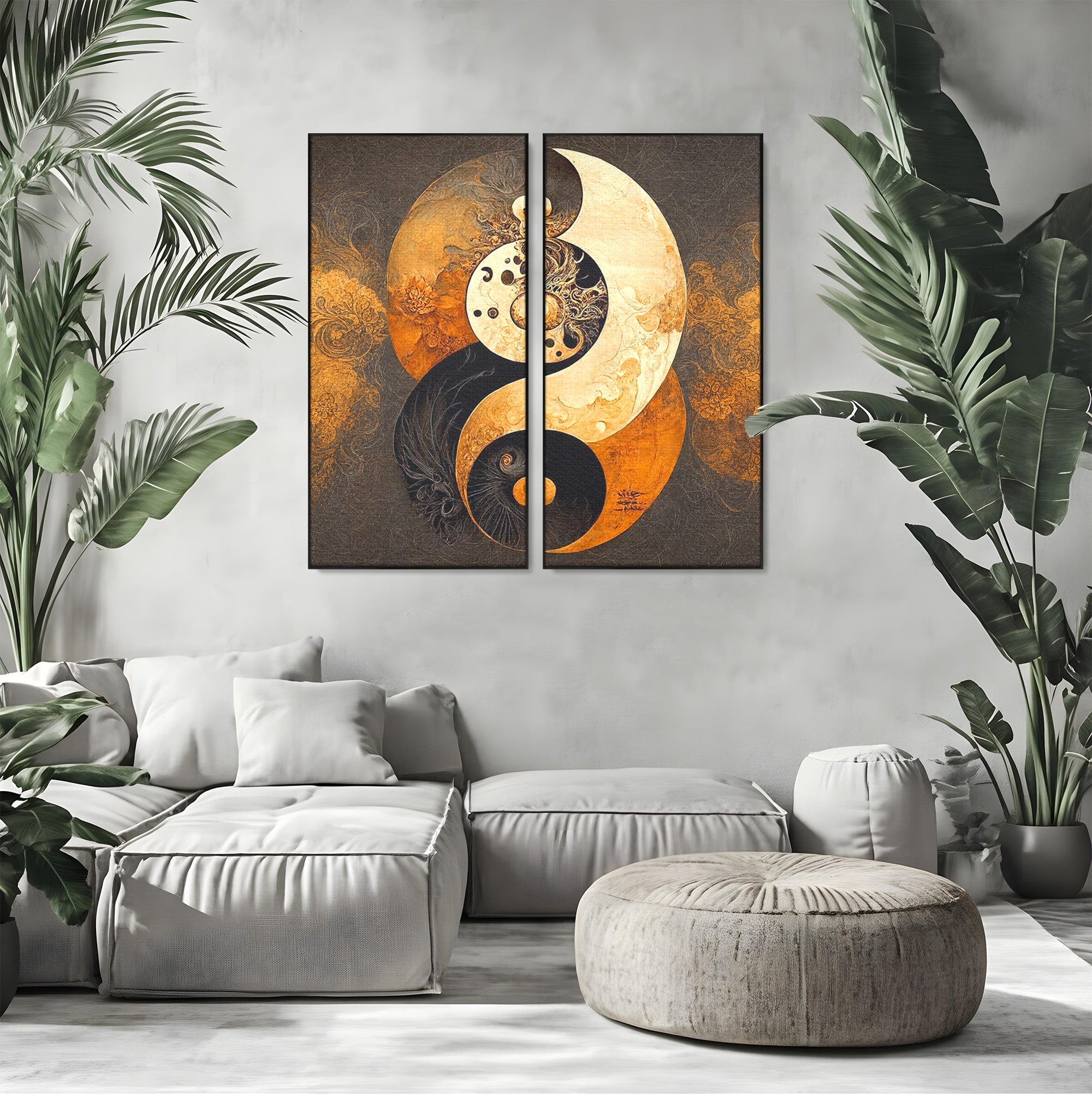 Set 2 Tablouri Canvas Premium LuxCanva® PI2-1181, Yin Si Yang, Abstract, Cercuri, Arta, Echilibru, Meditatie, Living, Birou, Culori Vibrante