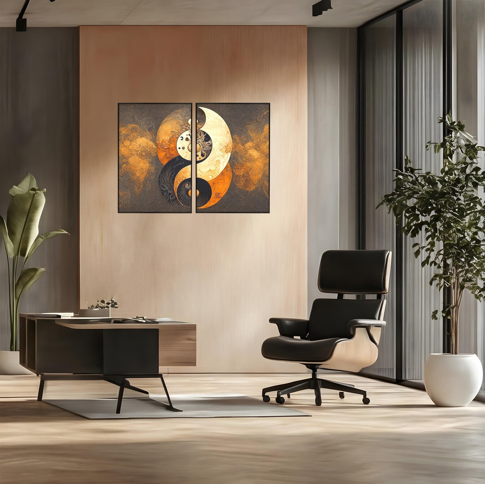 Set 2 Tablouri Canvas Premium LuxCanva® PI2-1181, Yin Si Yang, Abstract, Cercuri, Arta, Echilibru, Meditatie, Living, Birou, Culori Vibrante