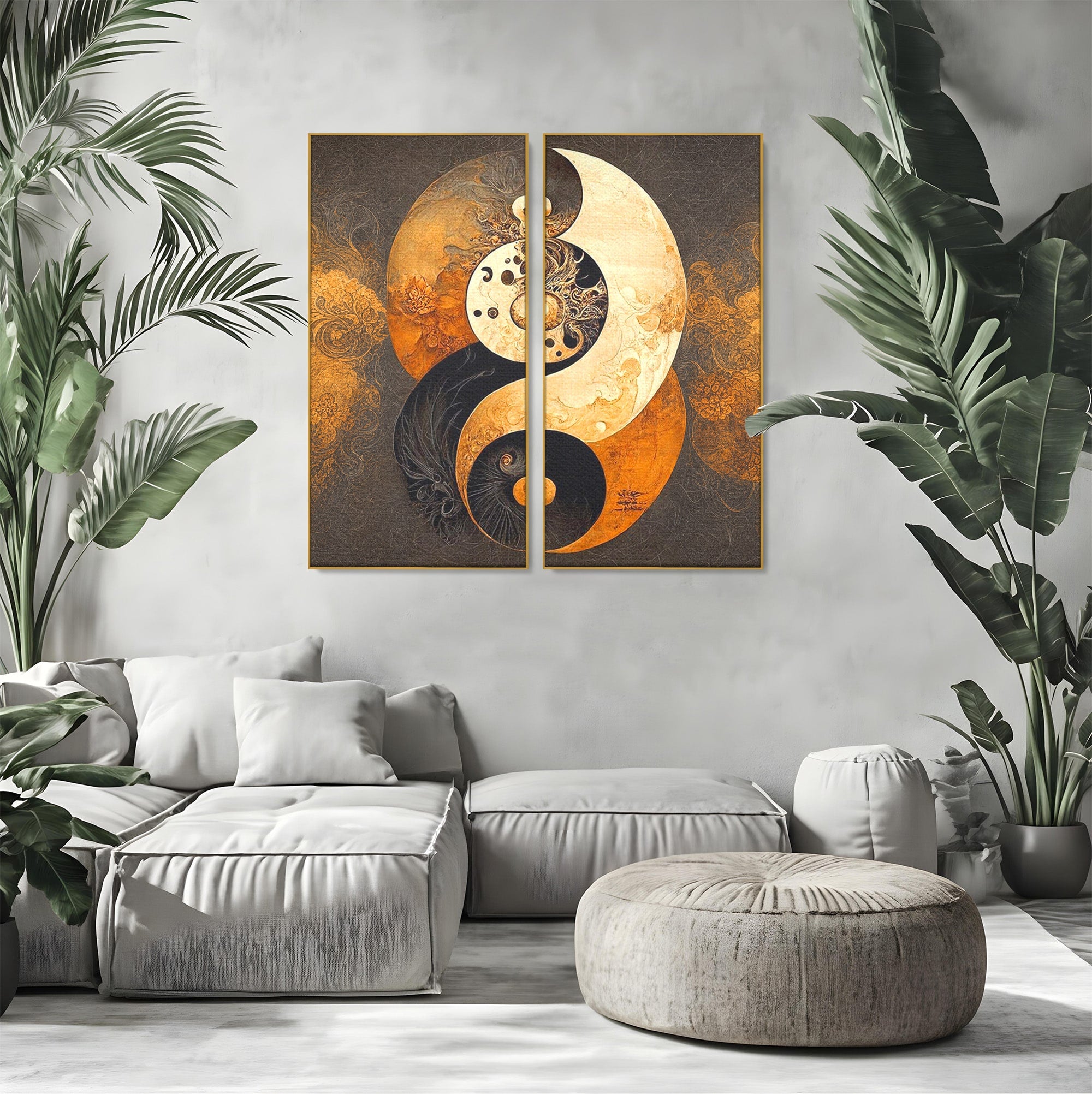 Set 2 Tablouri Canvas Premium LuxCanva® PI2-1181, Yin Si Yang, Abstract, Cercuri, Arta, Echilibru, Meditatie, Living, Birou, Culori Vibrante