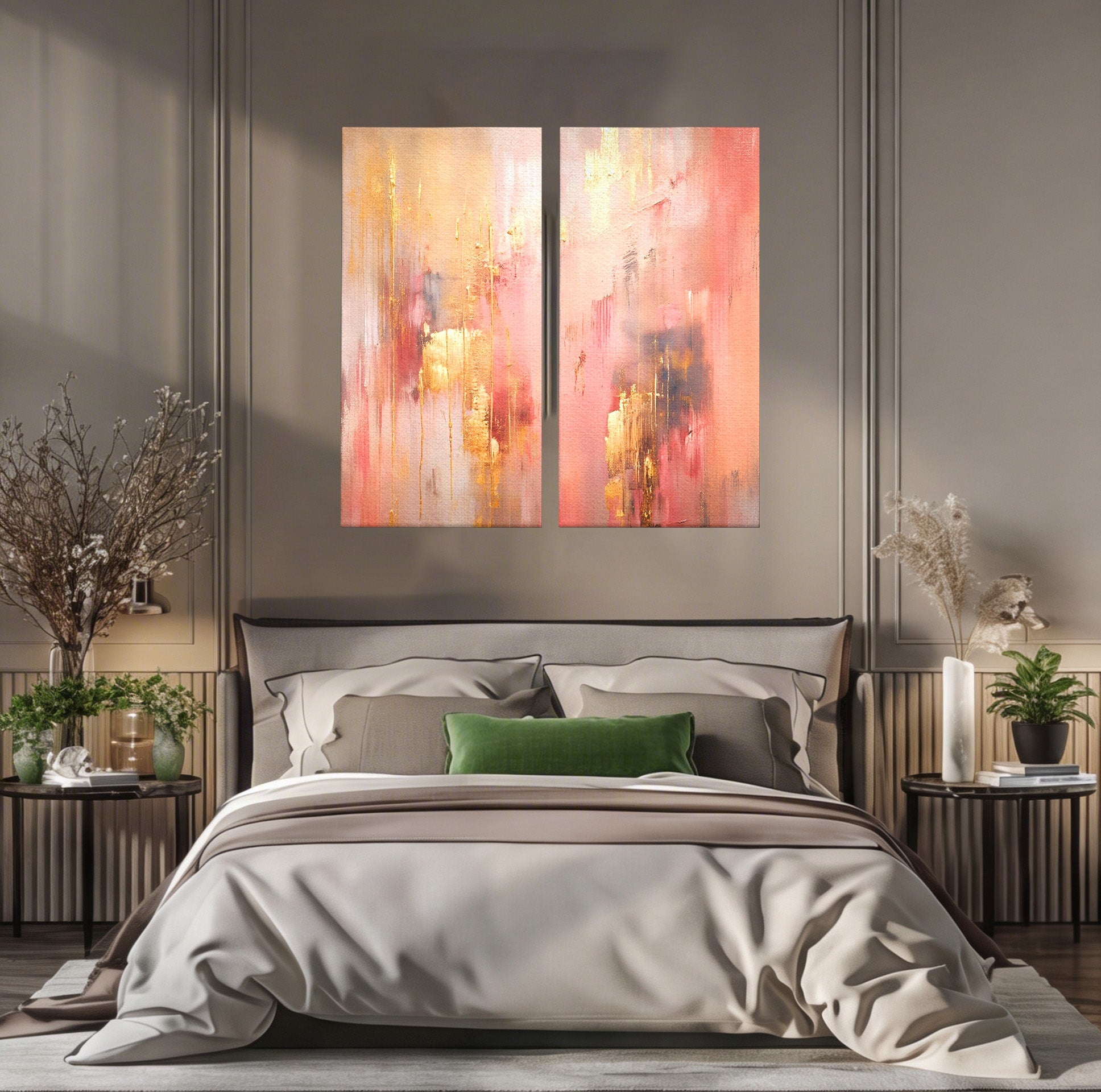 Set 2 Tablouri Canvas Premium LuxCanva® PI2-1375, Rasarit Roz Auriu, Abstract, Arta Contemporana, Lux, Modern, Culori Vibrante, Living, Dormitor, Salon
