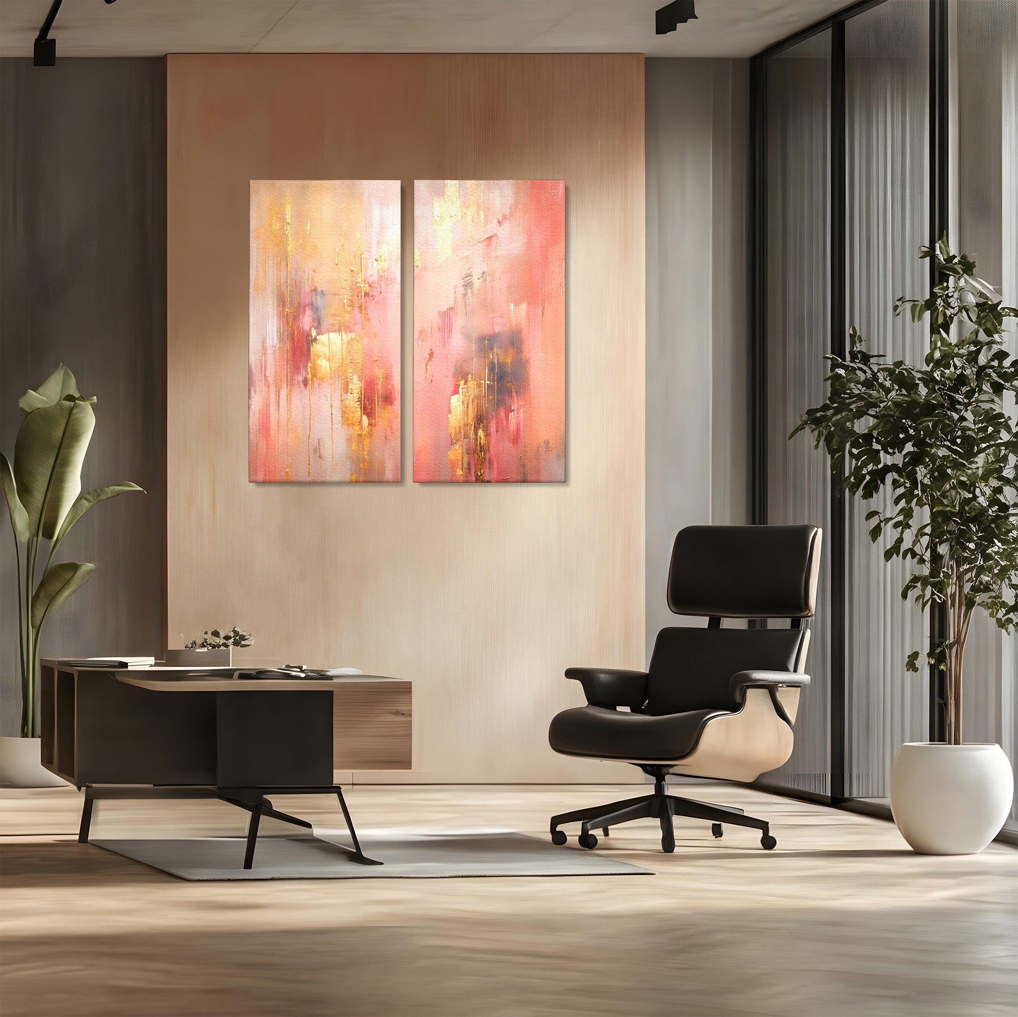 Set 2 Tablouri Canvas Premium LuxCanva® PI2-1375, Rasarit Roz Auriu, Abstract, Arta Contemporana, Lux, Modern, Culori Vibrante, Living, Dormitor, Salon