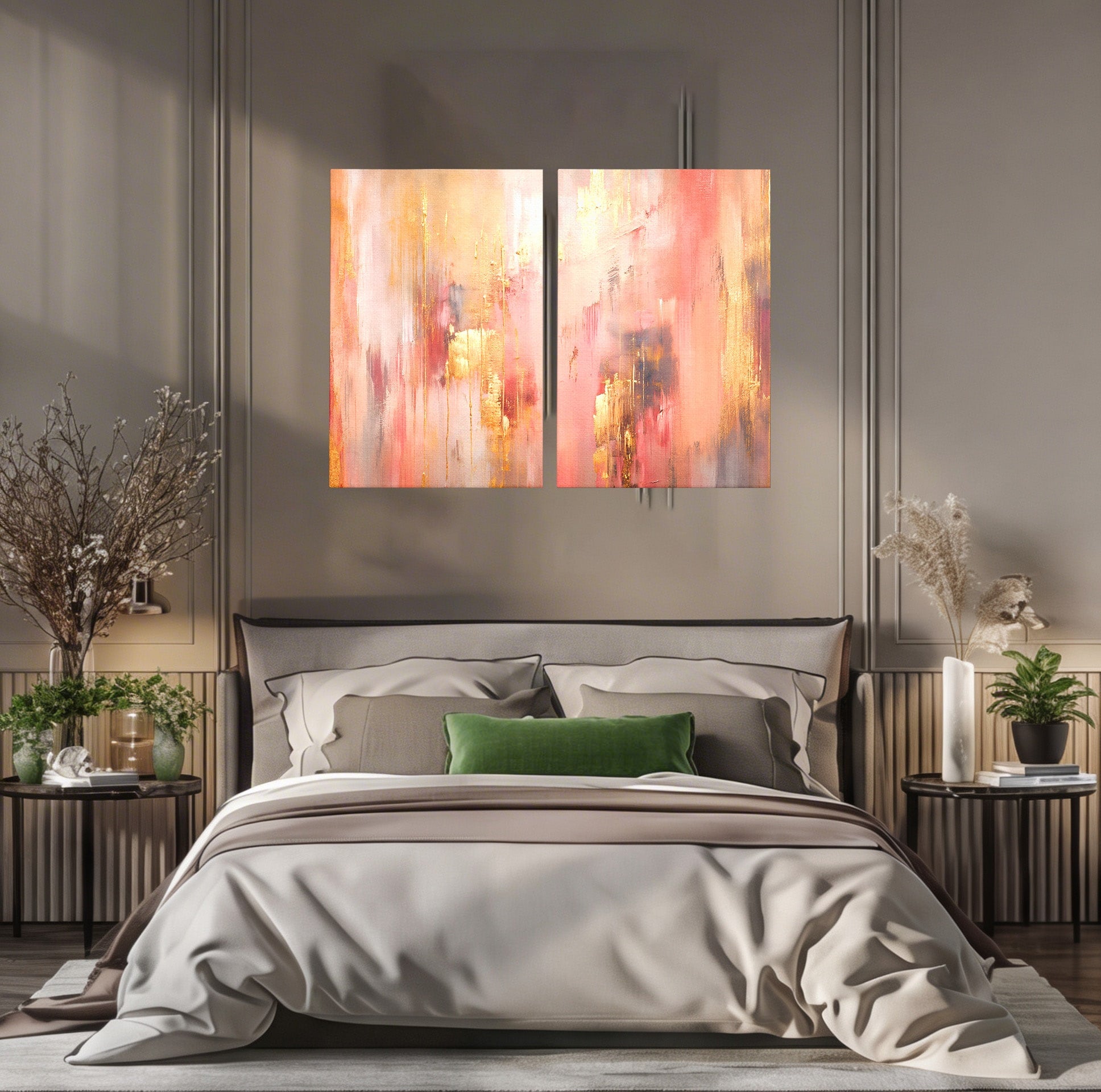 Set 2 Tablouri Canvas Premium LuxCanva® PI2-1375, Rasarit Roz Auriu, Abstract, Arta Contemporana, Lux, Modern, Culori Vibrante, Living, Dormitor, Salon