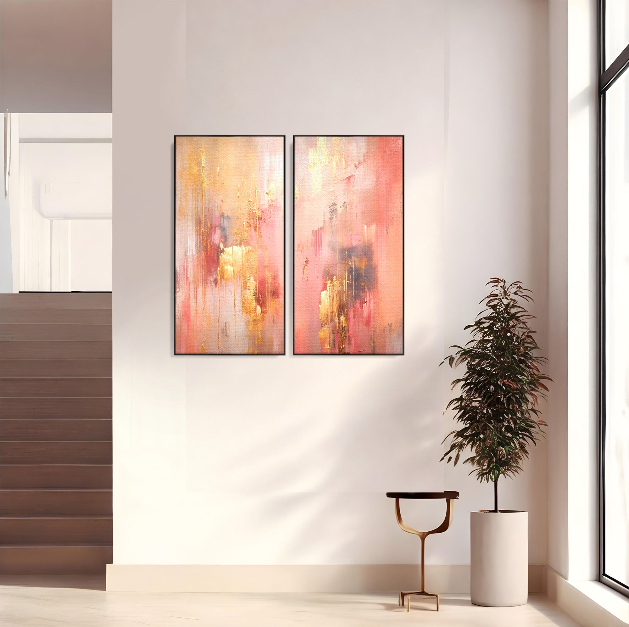 Set 2 Tablouri Canvas Premium LuxCanva® PI2-1375, Rasarit Roz Auriu, Abstract, Arta Contemporana, Lux, Modern, Culori Vibrante, Living, Dormitor, Salon