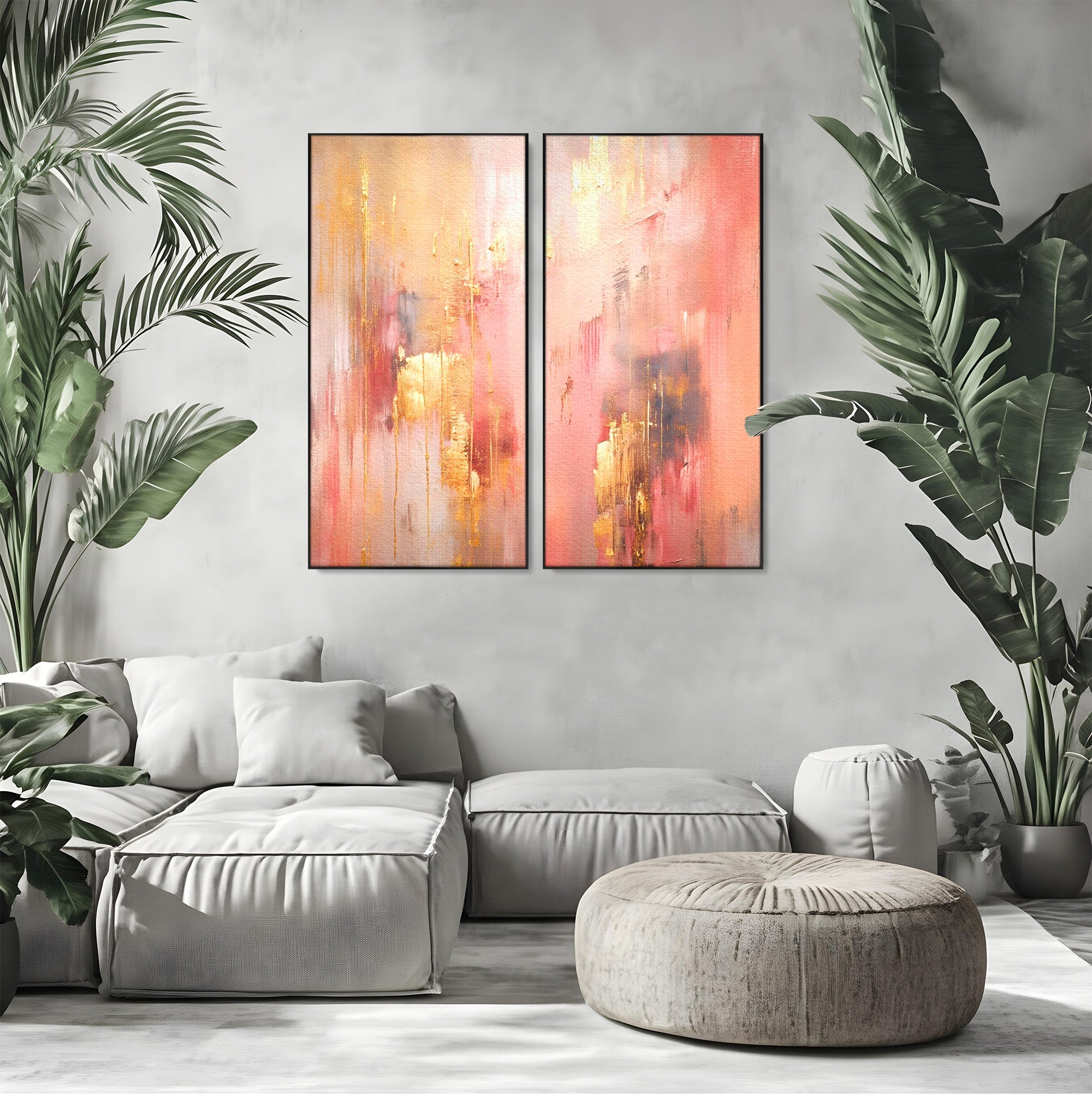 Set 2 Tablouri Canvas Premium LuxCanva® PI2-1375, Rasarit Roz Auriu, Abstract, Arta Contemporana, Lux, Modern, Culori Vibrante, Living, Dormitor, Salon