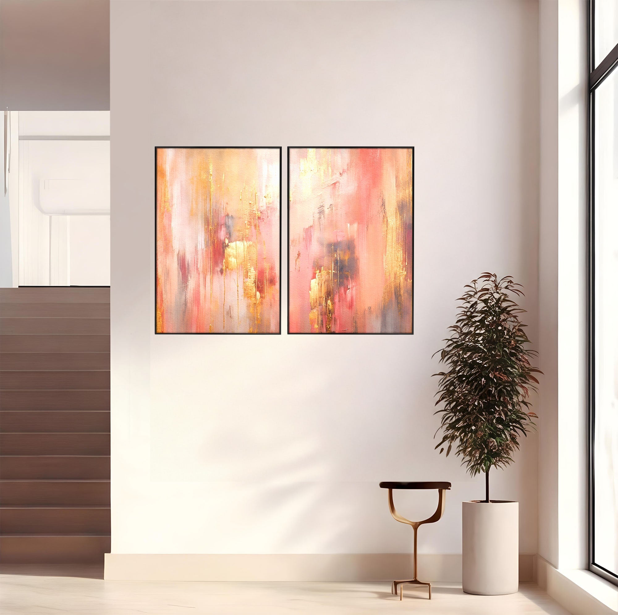 Set 2 Tablouri Canvas Premium LuxCanva® PI2-1375, Rasarit Roz Auriu, Abstract, Arta Contemporana, Lux, Modern, Culori Vibrante, Living, Dormitor, Salon