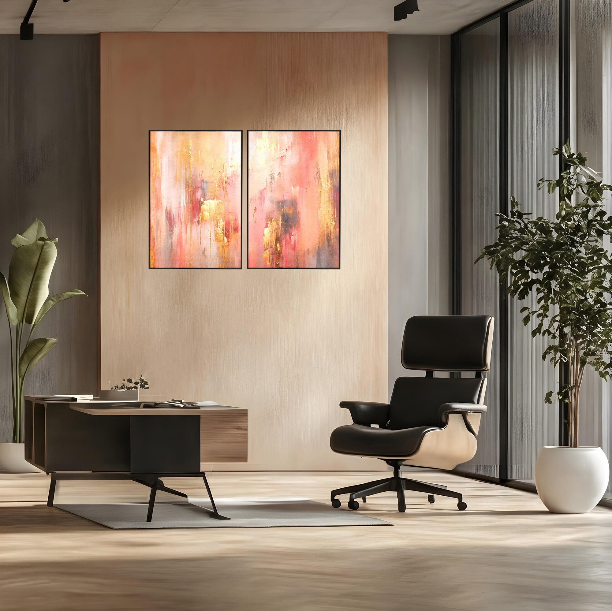 Set 2 Tablouri Canvas Premium LuxCanva® PI2-1375, Rasarit Roz Auriu, Abstract, Arta Contemporana, Lux, Modern, Culori Vibrante, Living, Dormitor, Salon