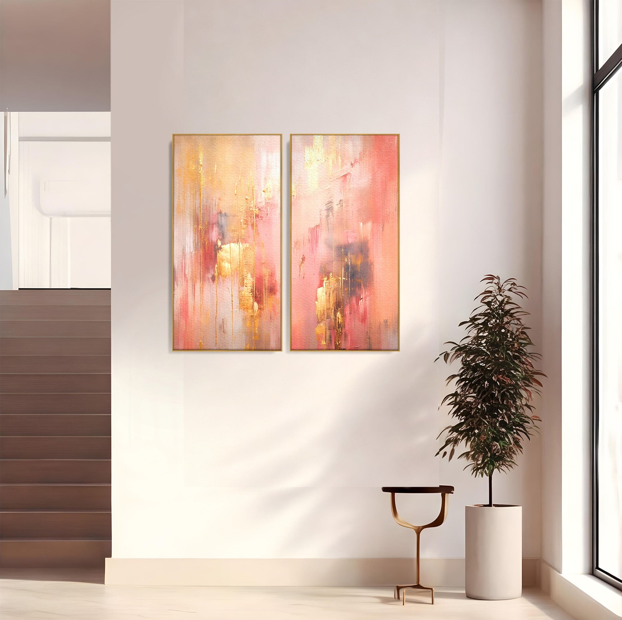 Set 2 Tablouri Canvas Premium LuxCanva® PI2-1375, Rasarit Roz Auriu, Abstract, Arta Contemporana, Lux, Modern, Culori Vibrante, Living, Dormitor, Salon