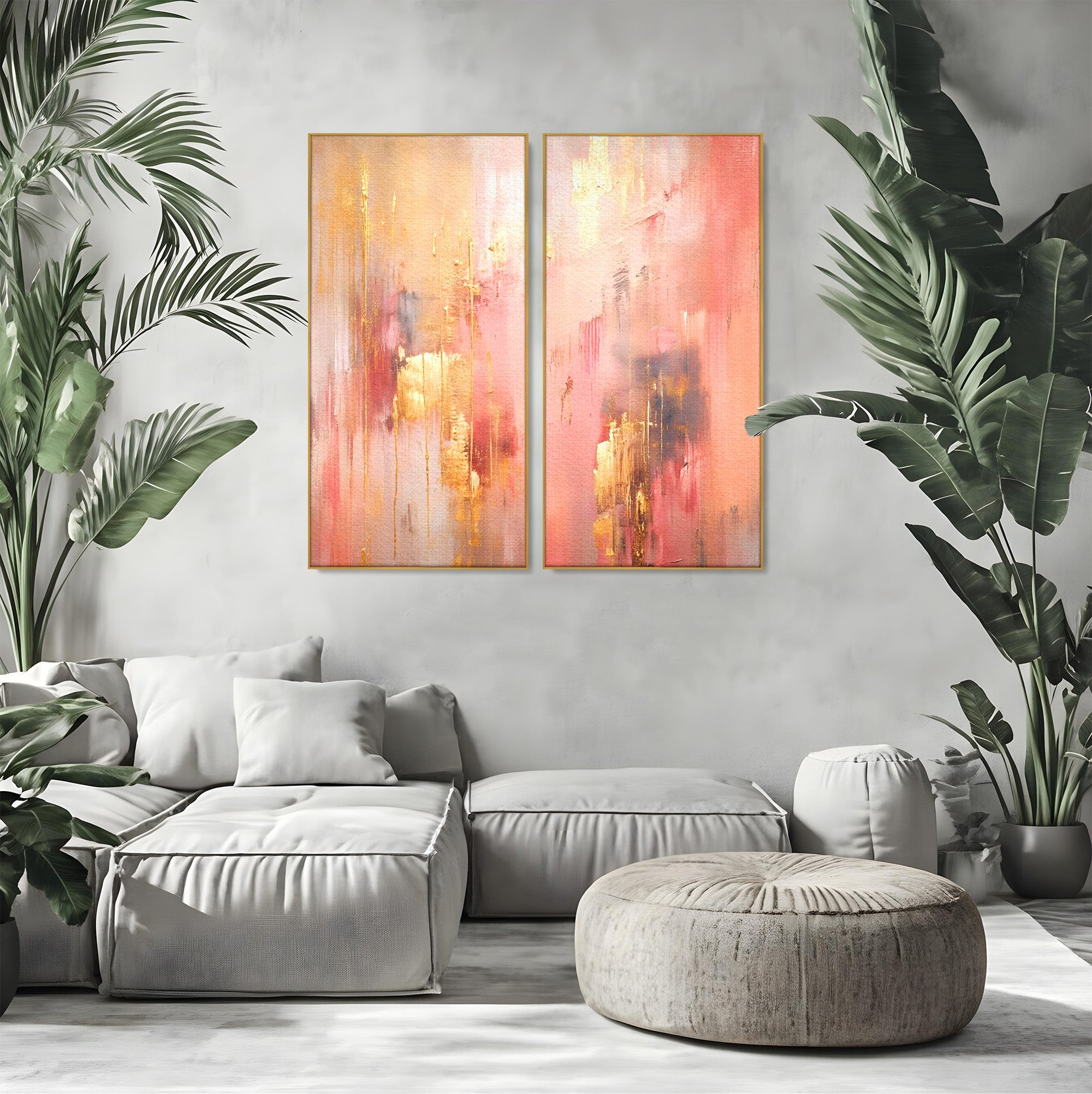 Set 2 Tablouri Canvas Premium LuxCanva® PI2-1375, Rasarit Roz Auriu, Abstract, Arta Contemporana, Lux, Modern, Culori Vibrante, Living, Dormitor, Salon