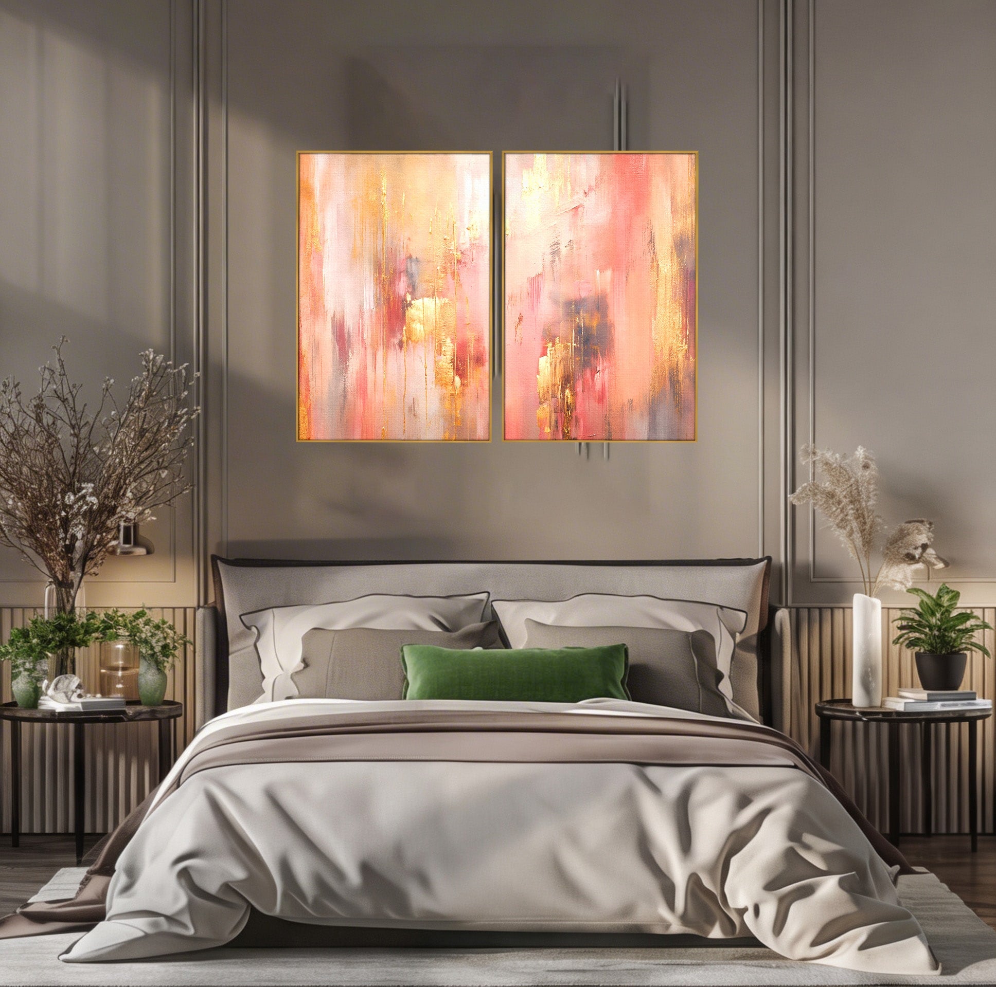 Set 2 Tablouri Canvas Premium LuxCanva® PI2-1375, Rasarit Roz Auriu, Abstract, Arta Contemporana, Lux, Modern, Culori Vibrante, Living, Dormitor, Salon