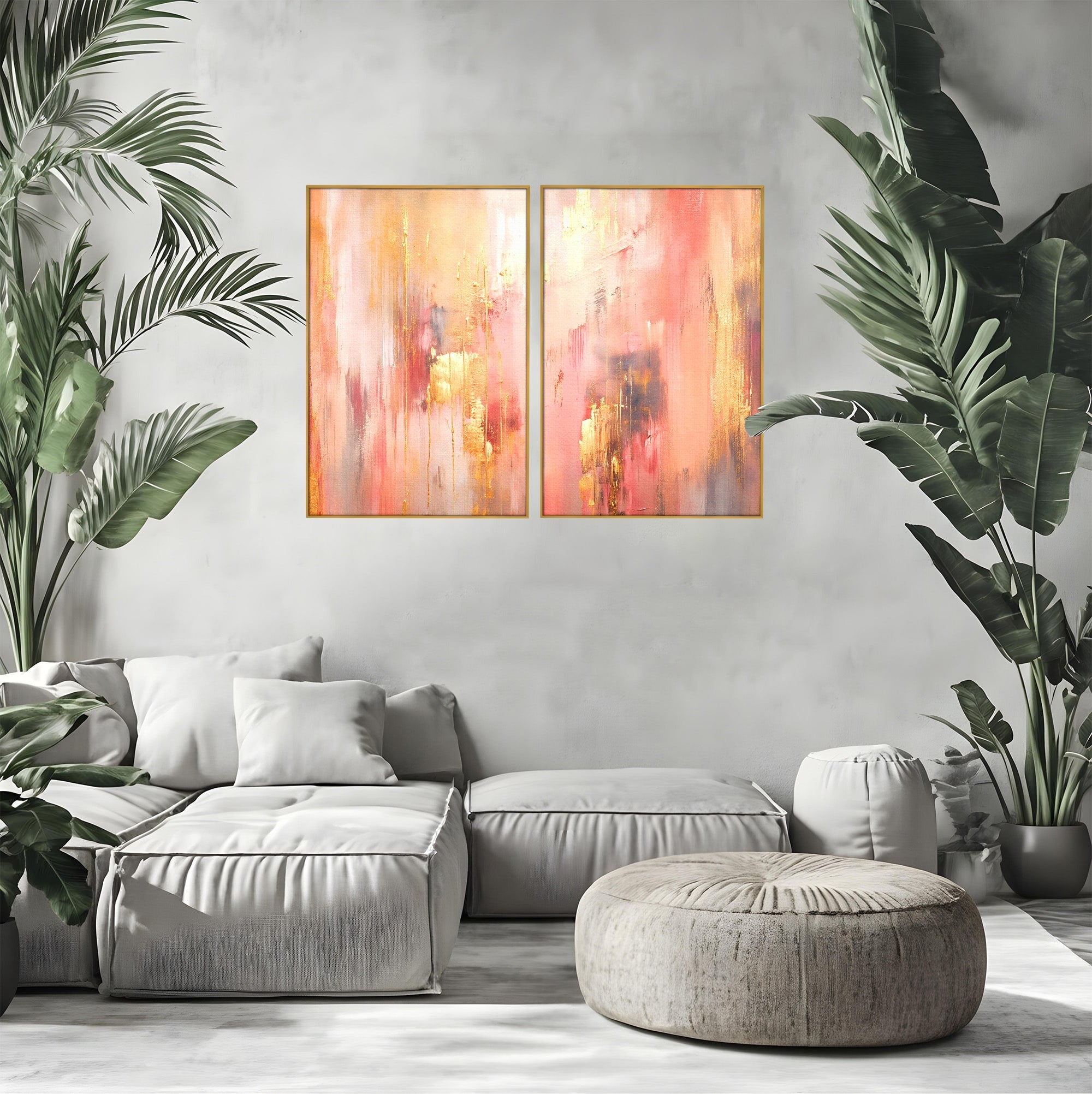 Set 2 Tablouri Canvas Premium LuxCanva® PI2-1375, Rasarit Roz Auriu, Abstract, Arta Contemporana, Lux, Modern, Culori Vibrante, Living, Dormitor, Salon