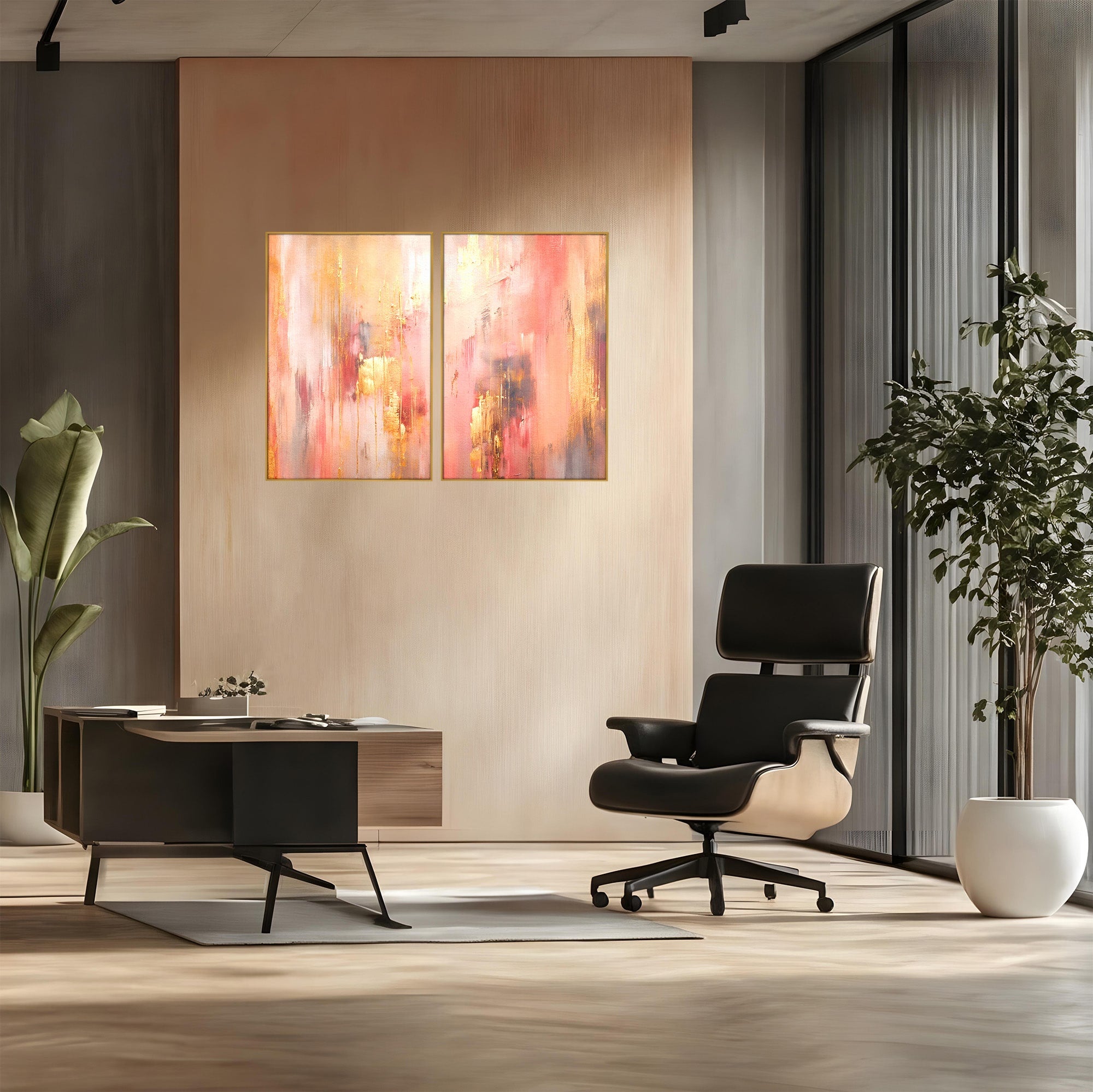 Set 2 Tablouri Canvas Premium LuxCanva® PI2-1375, Rasarit Roz Auriu, Abstract, Arta Contemporana, Lux, Modern, Culori Vibrante, Living, Dormitor, Salon