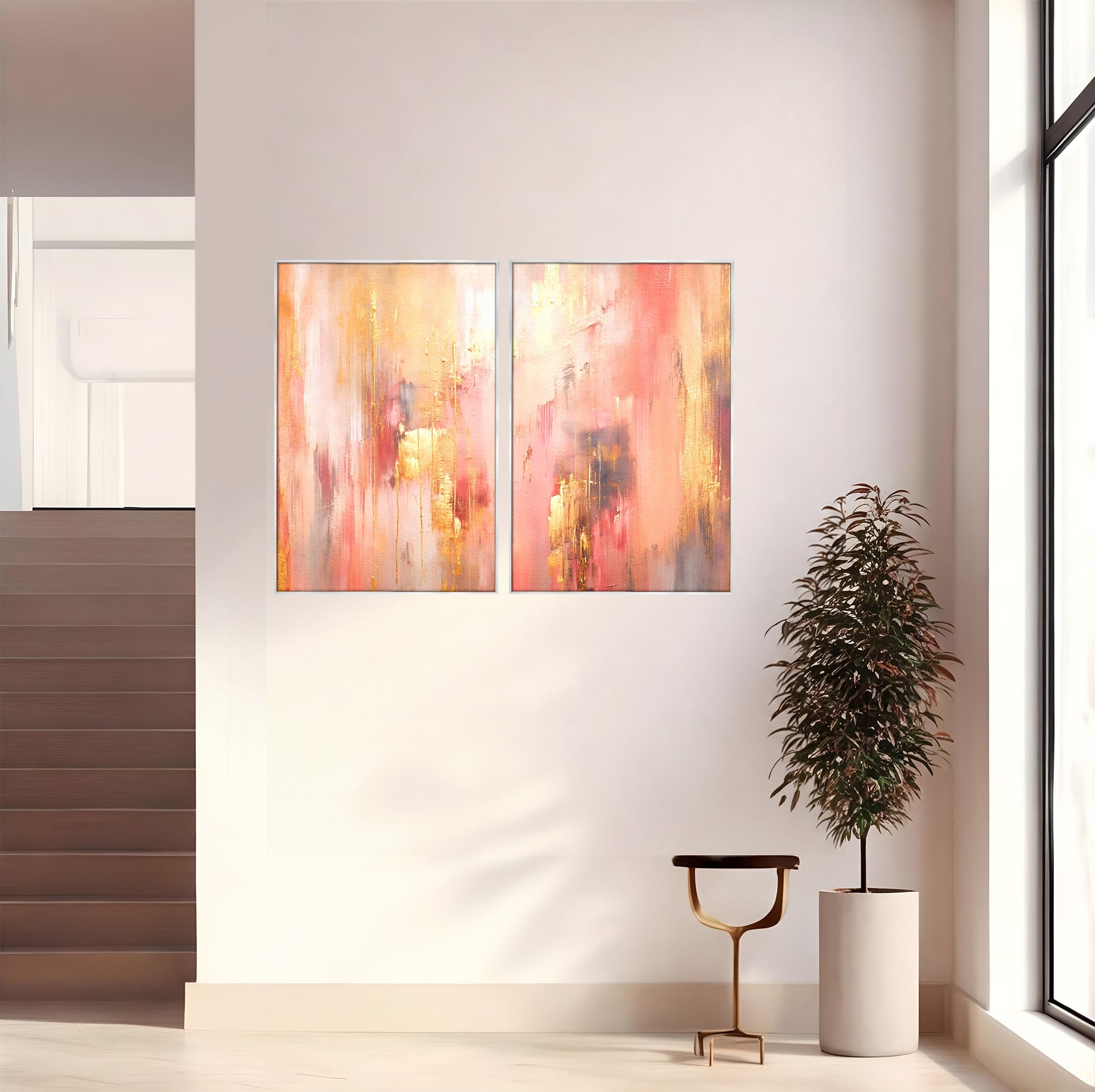 Set 2 Tablouri Canvas Premium LuxCanva® PI2-1375, Rasarit Roz Auriu, Abstract, Arta Contemporana, Lux, Modern, Culori Vibrante, Living, Dormitor, Salon